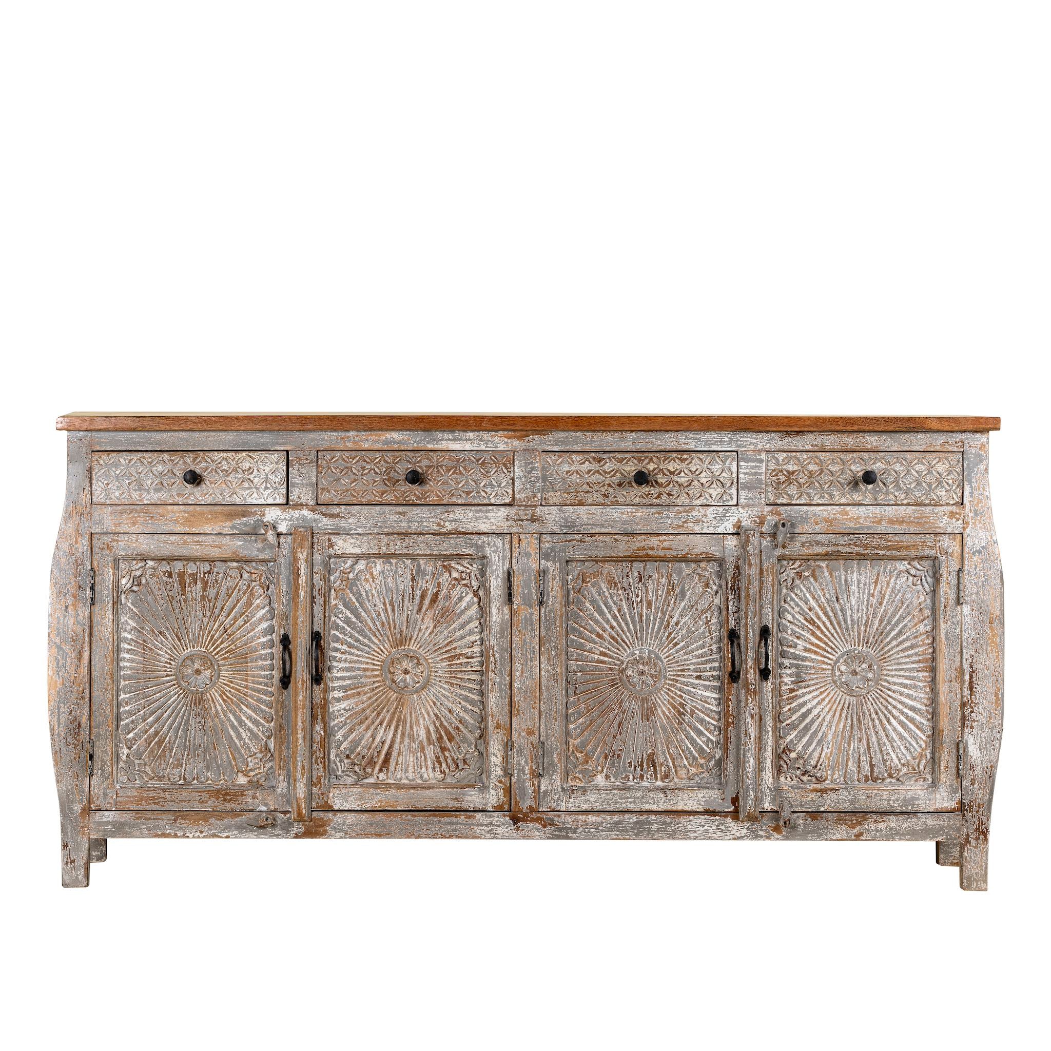 White background image of a living room furniture sideboard made from hand-carved mango wood, vintage style furniture with sunburst patterns and distressed finish, 180 × 40 × 90 cm.