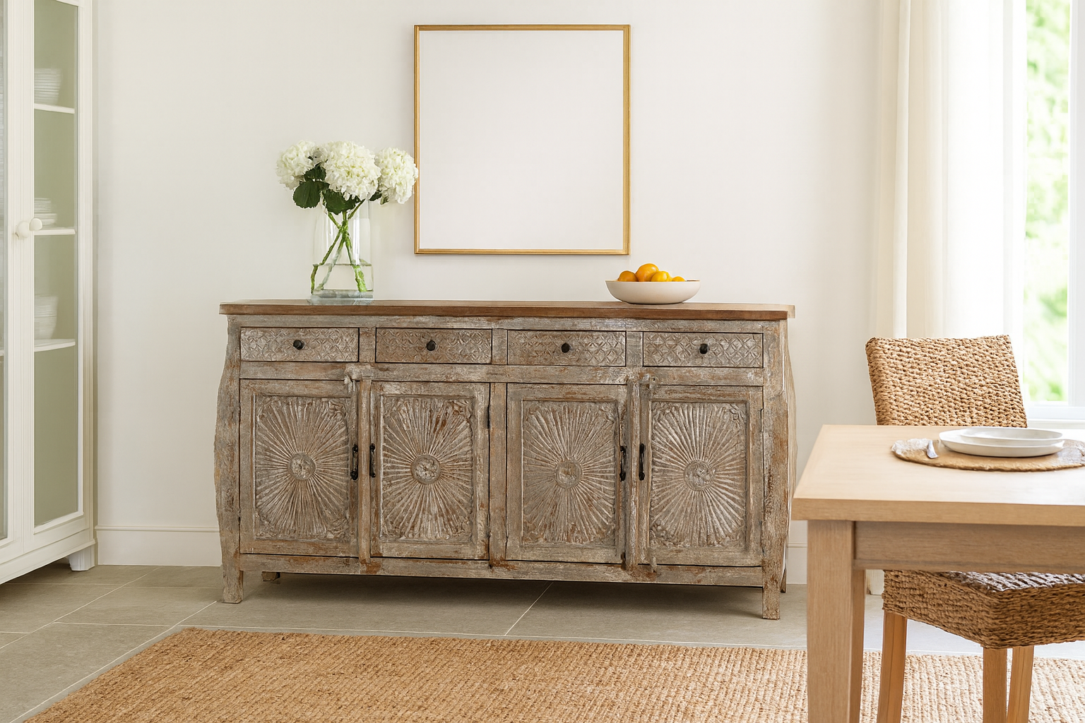 Lifestyle image of a living room furniture sideboard made from hand-carved mango wood, vintage style furniture with sunburst patterns and distressed finish, 180 × 40 × 90 cm.