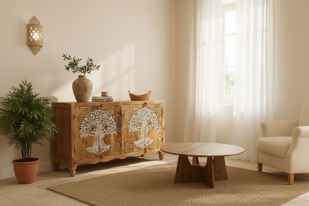 Lifestyle imagination of a hand-carved mango wood sideboard with Tree of Life motif, whitewashed finish, and four storage compartments; artisanal mango wood furniture for dining rooms, entryways, or living areas, 180 × 90 × 40 cm.