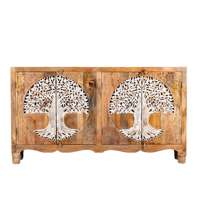 White background image of a hand-carved mango wood sideboard with Tree of Life motif, whitewashed finish, and four storage compartments; artisanal mango wood furniture for dining rooms, entryways, or living areas, 180 × 90 × 40 cm.