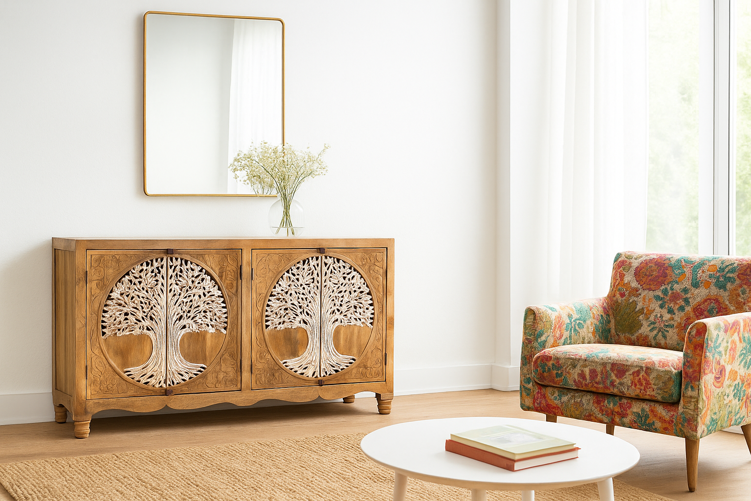 Lifestyle image of a hand-carved mango wood sideboard with Tree of Life motif, whitewashed finish, and four storage compartments; artisanal mango wood furniture for dining rooms, entryways, or living areas, 180 × 90 × 40 cm.