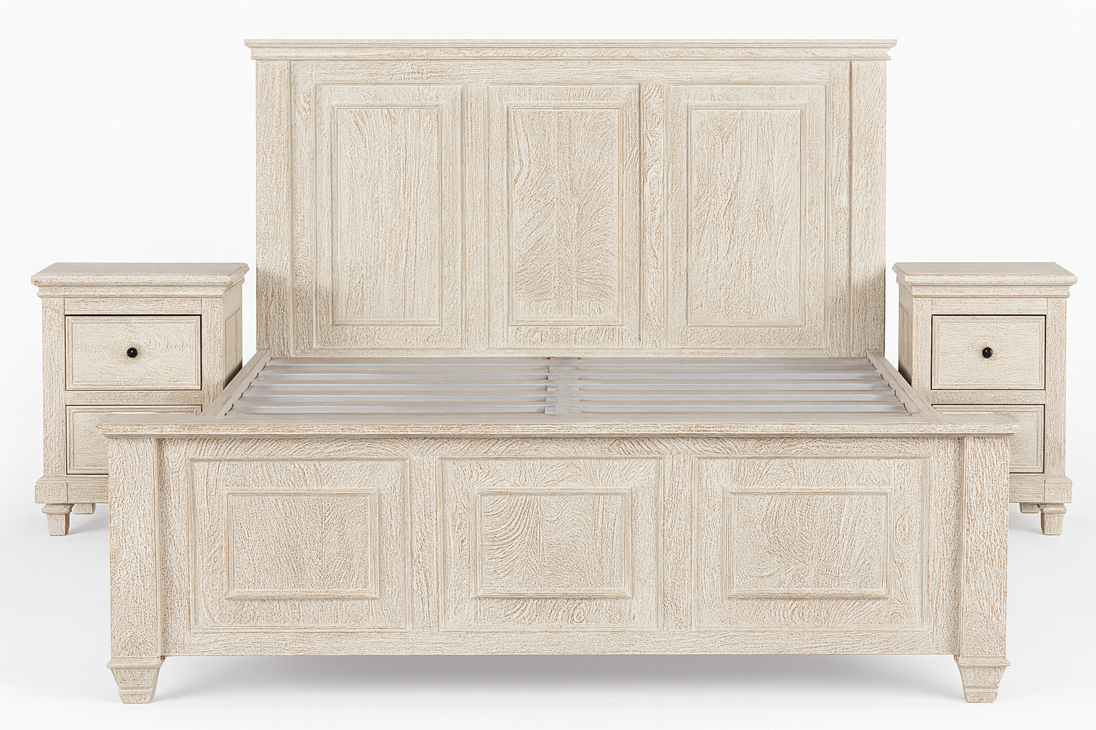 White background image of a whitewashed mango wood bed frame with carved panel design and two matching nightstands; rustic bedroom furniture set, bed size 180×200×140 cm, nightstands 50×40×65 cm.