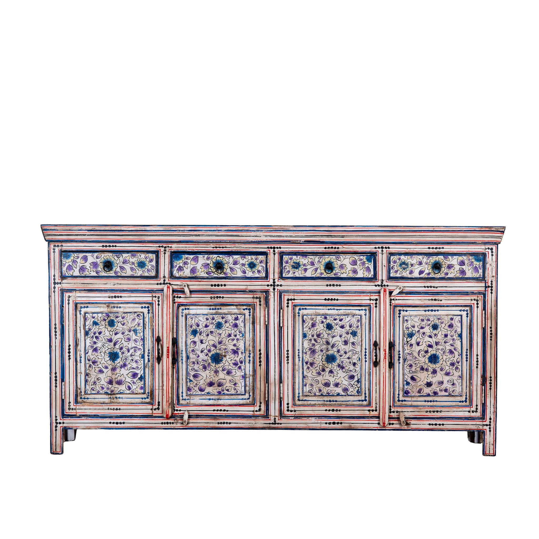 White background image of a hand painted wooden furniture sideboard with floral motifs, unique furniture piece made from reclaimed wood, 180 × 40 × 90 cm.