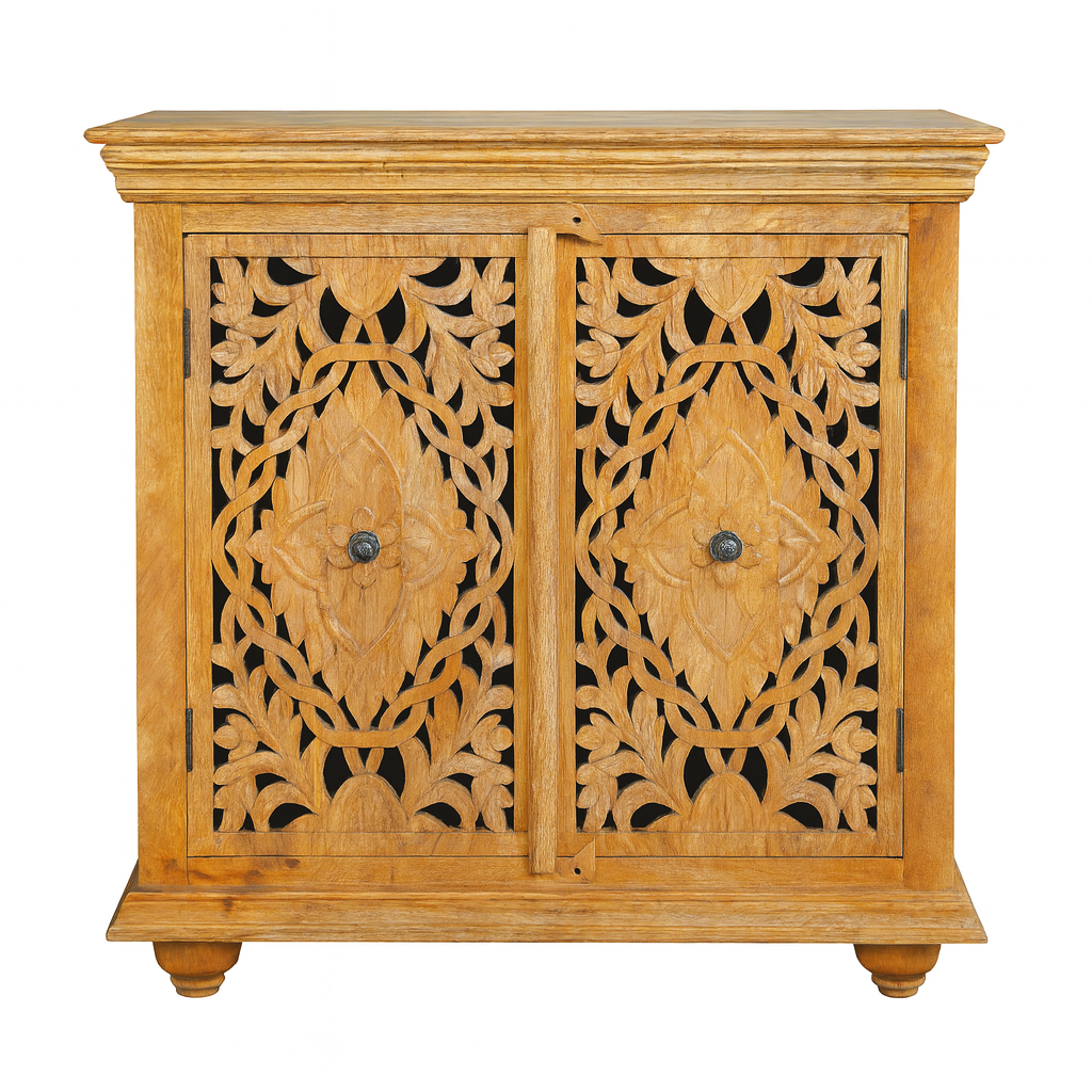 White background image of a carved wood furniture cupboard in solid mango wood with handmade floral carvings, Mediterranean-style, 90 × 90 × 40 cm.