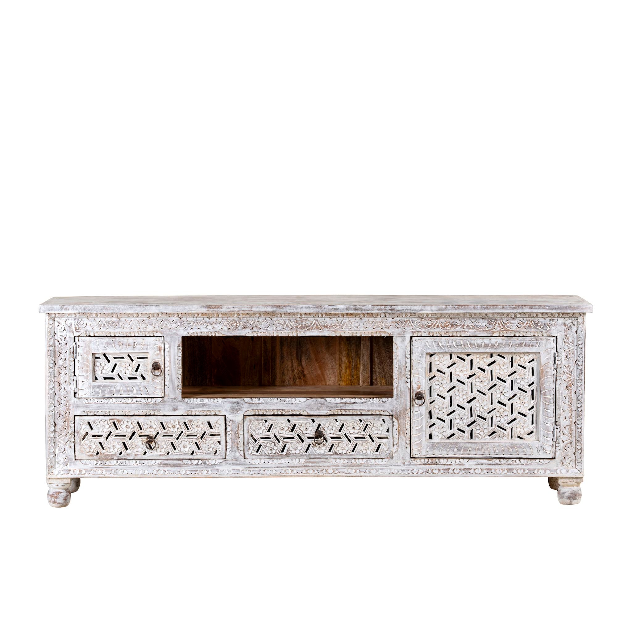 White background image of a hand-carved mango wood TV unit Pari in Mediterranean style, versatile living room furniture with drawers and compartments, 170 × 60 × 37 cm.