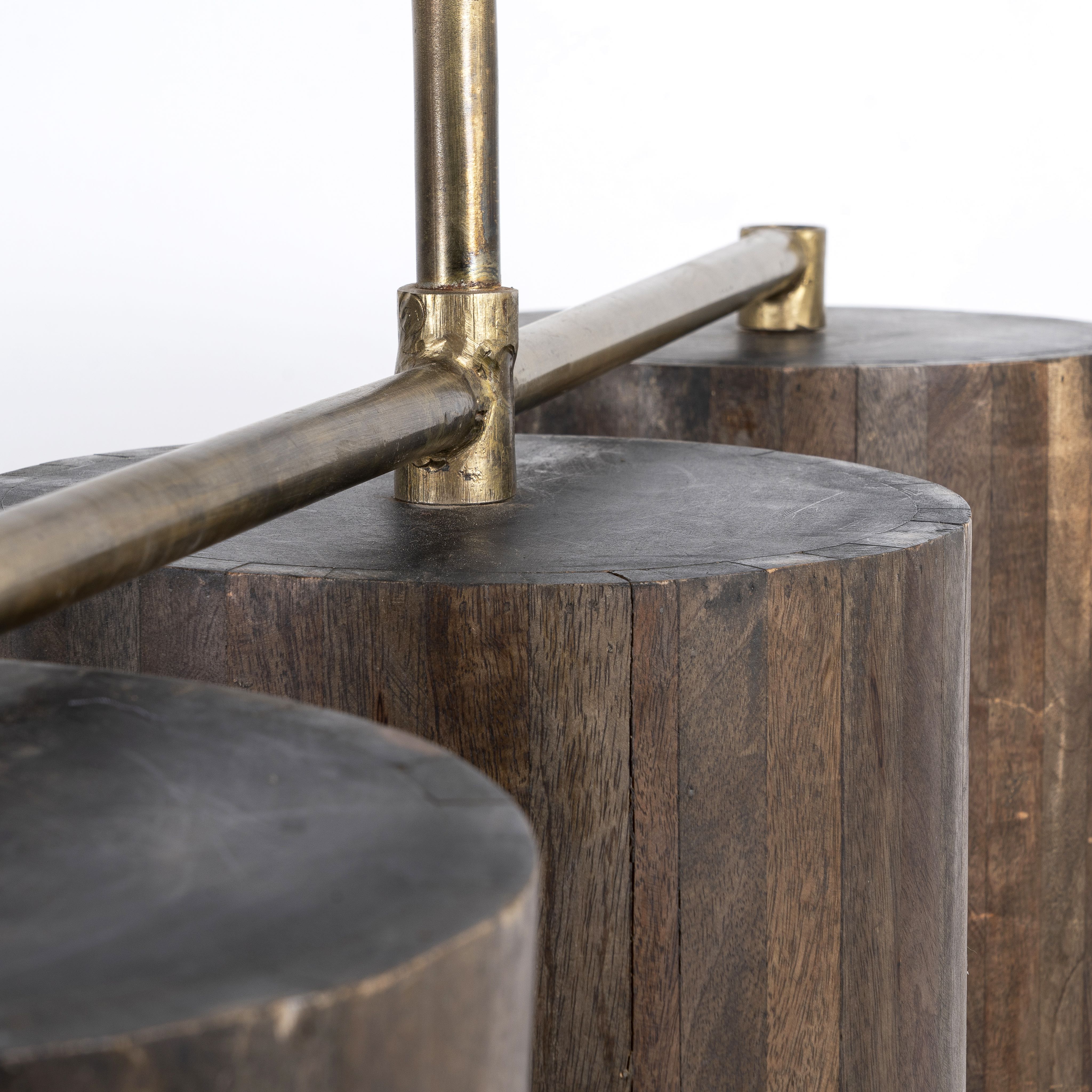 Close up image of a long wooden pendant light with brass-lined interior and three lights – vintage lighting with natural grain finish, perfect for kitchens, dining areas, or living rooms.