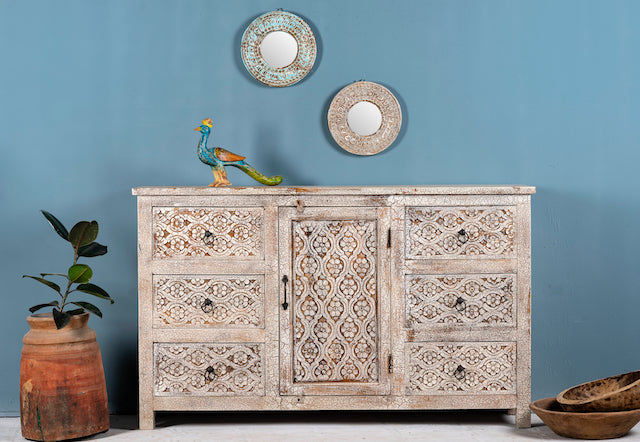 Vintage mango wood furniture sideboard with hand-carved details and distressed style finish, 150 × 40 × 90 cm.