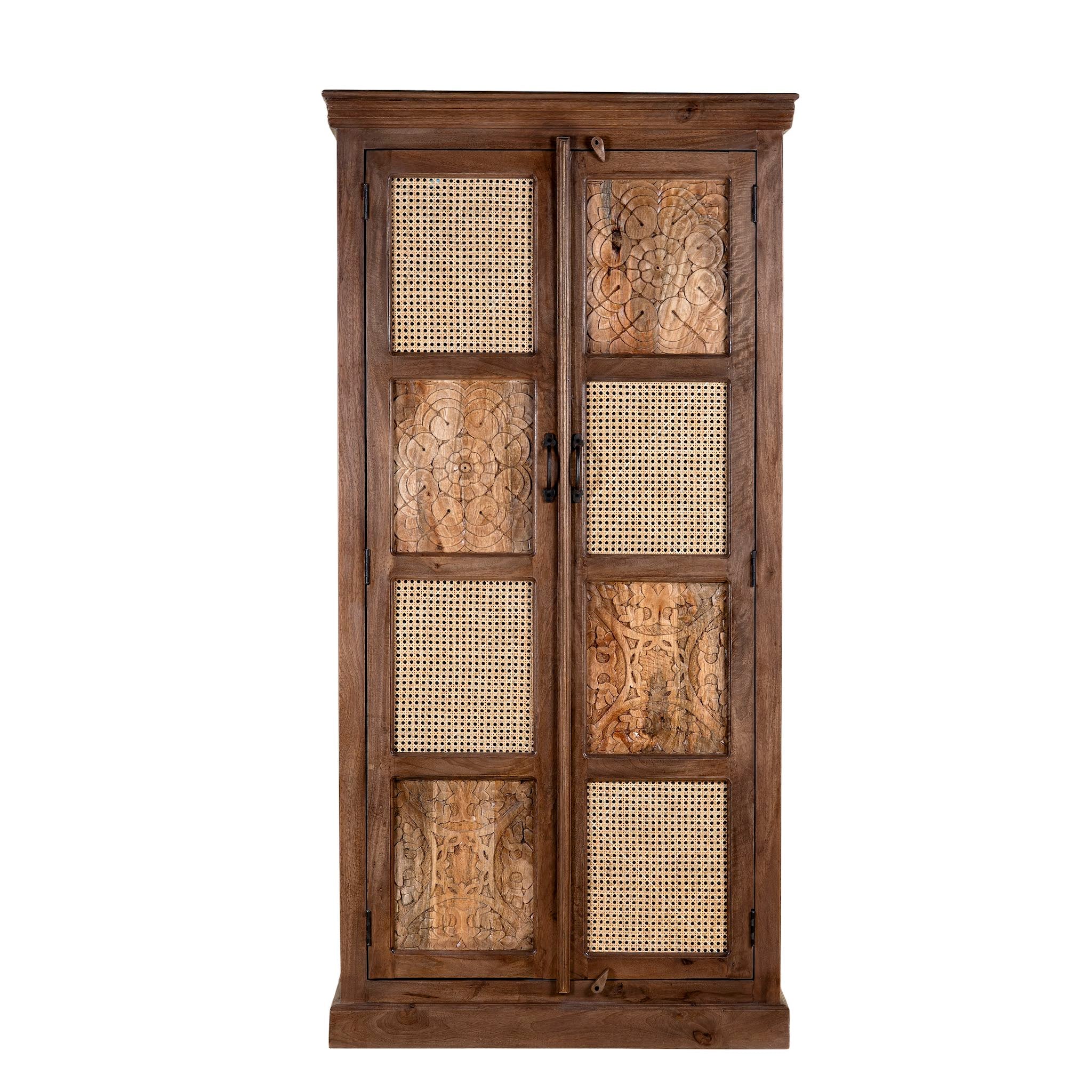 White background picture of a tall mango wood furniture cabinet with hand-carved details and woven rattan doors, artisan rattan furniture, 90 × 40 × 180 cm.
