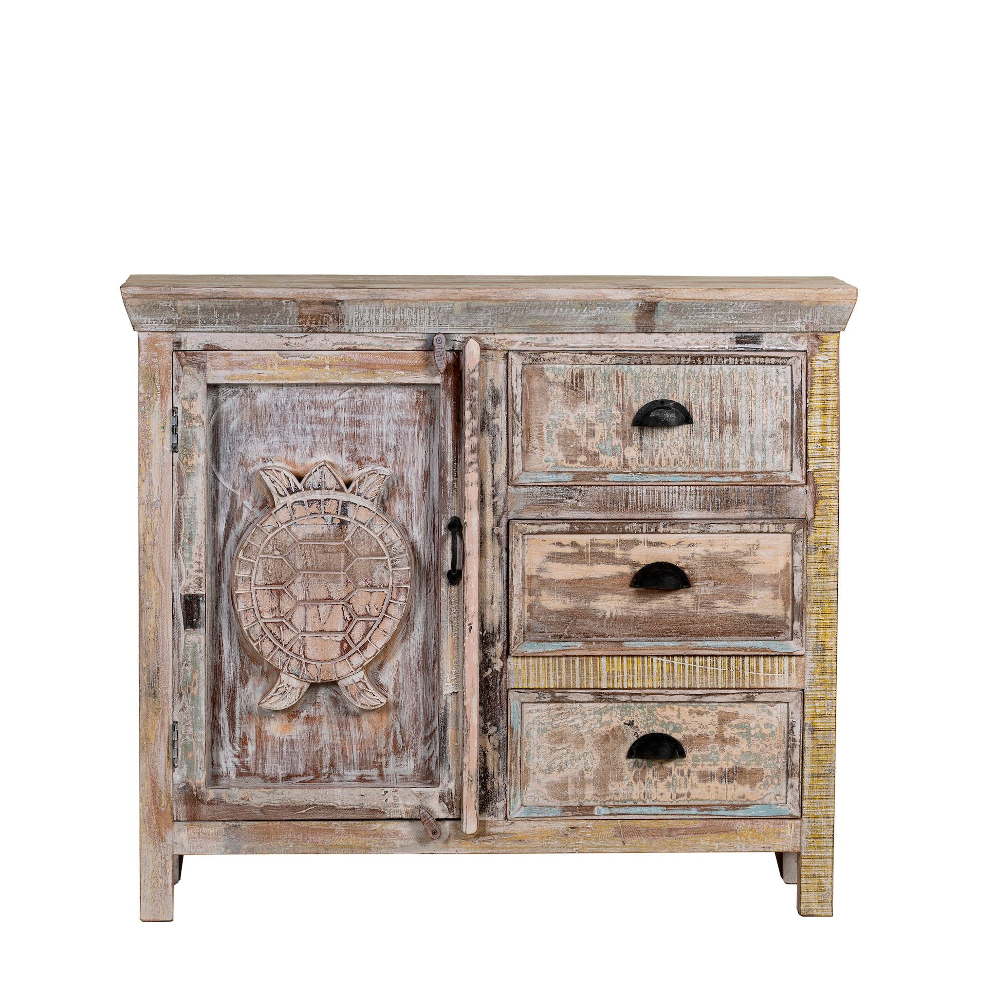 White background image of a handcrafted cupboard made from reclaimed wood with a carved turtle motif and pastel finish; vintage furniture and sustainable furniture, 110 × 96 × 40 cm.