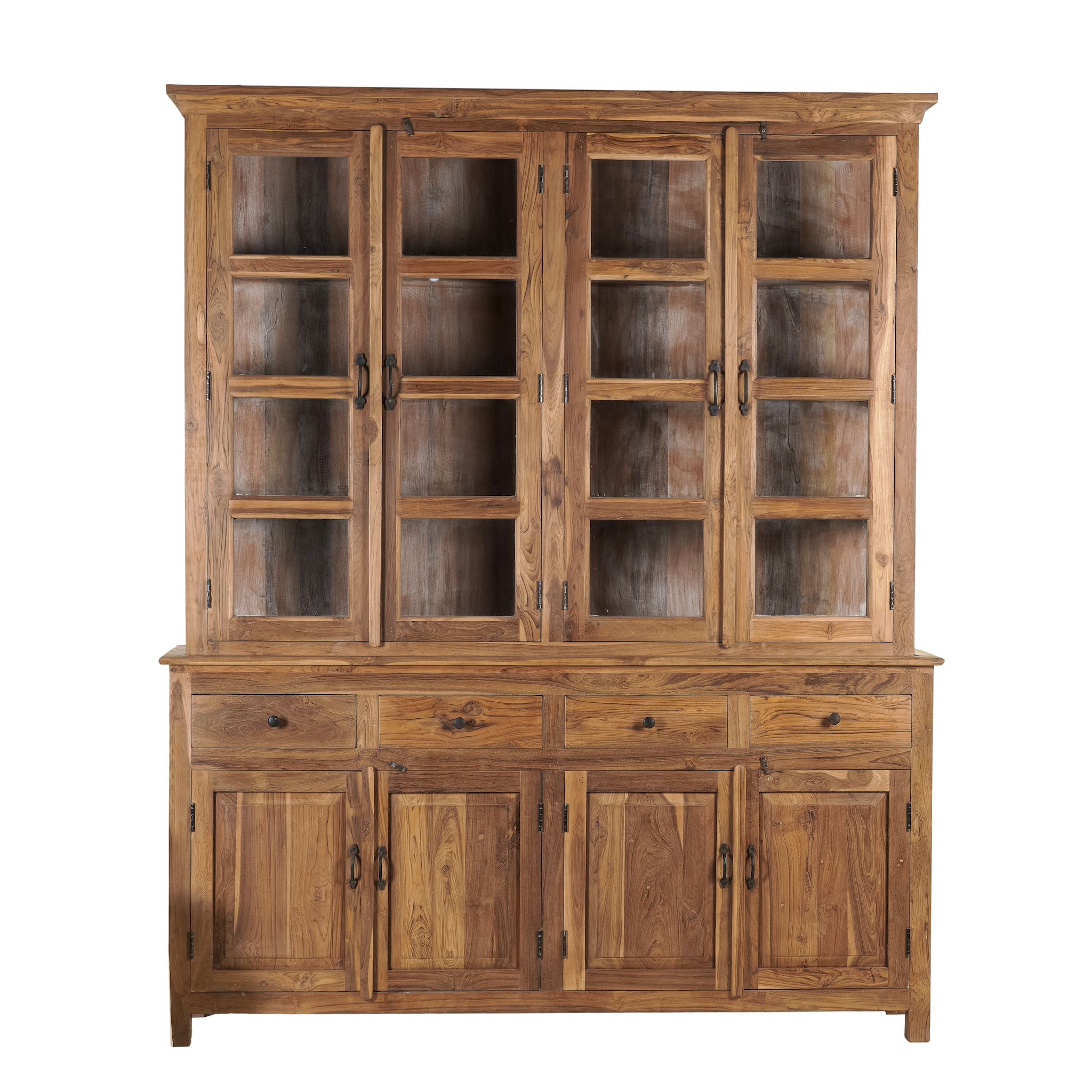 White background image of a two-part showcase cabinet made from reclaimed teak wood, featuring glass-panel upper doors for display, four drawers for storage, and lower cabinets with solid wood doors in a natural finish.