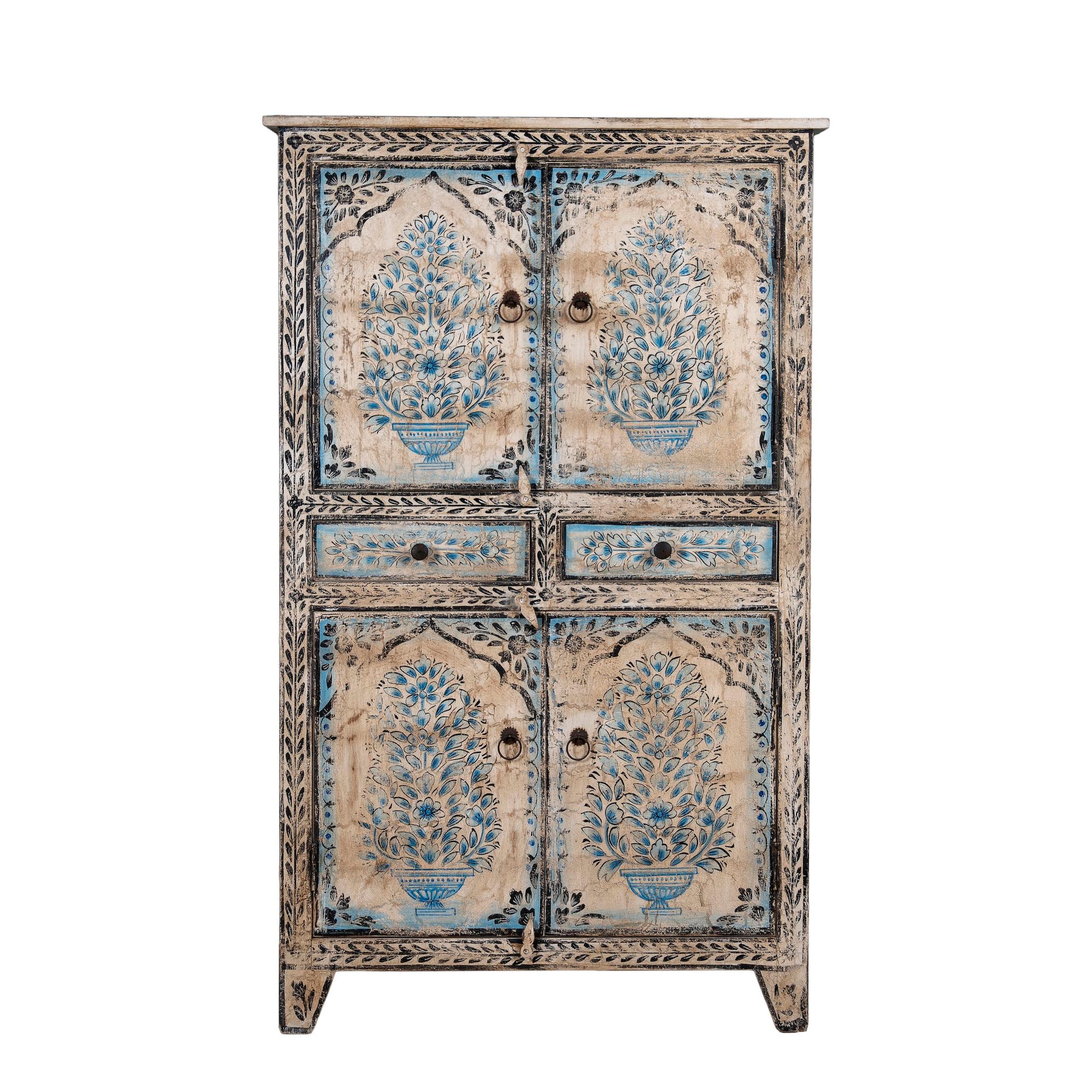 Decorative wooden cabinet with floral patterns on a white background