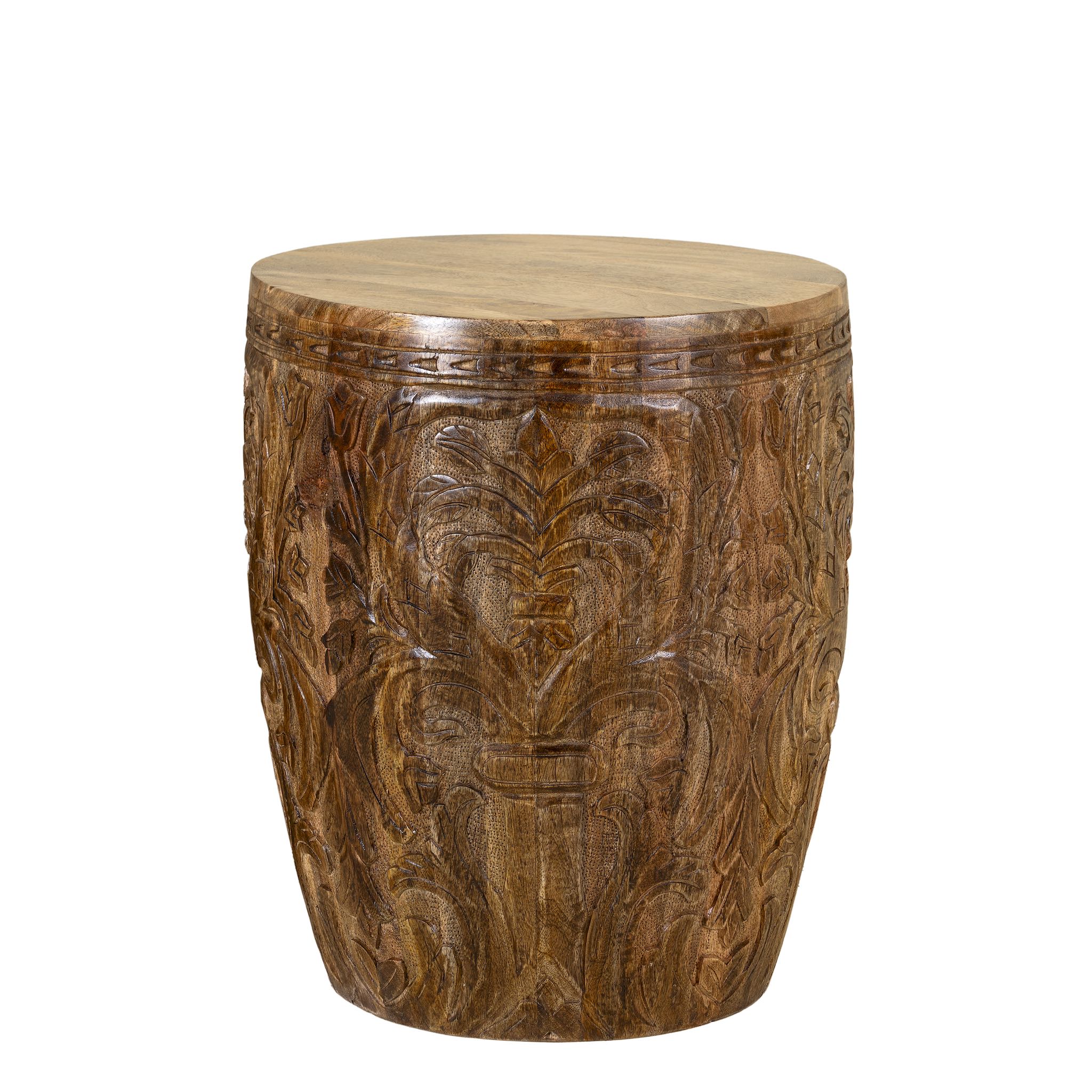 White background picture of a round mango wood side table with hand carved floral design.