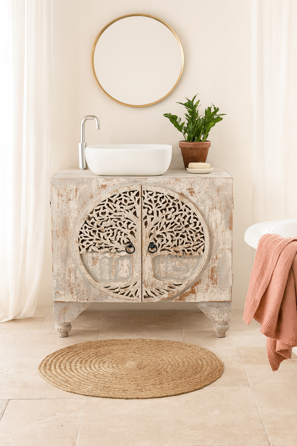 Lifestyle imagination of a Mango wood cabinet under sink with carved tree design on front, 90 × 80 × 40 cm.