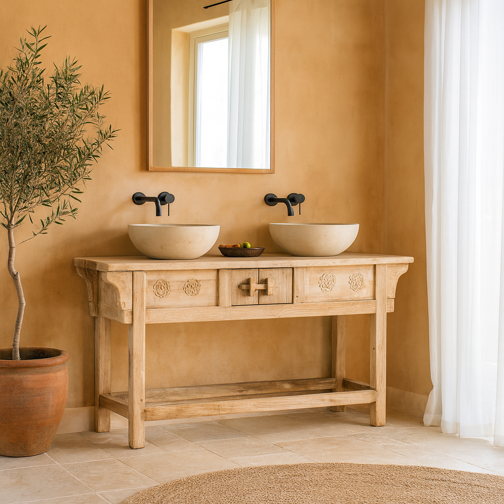 Lifestyle imagination of a rustic reclaimed teak console table with hand-carved detailing and hidden side compartments; sustainable furniture, 170 × 82 × 48 cm.