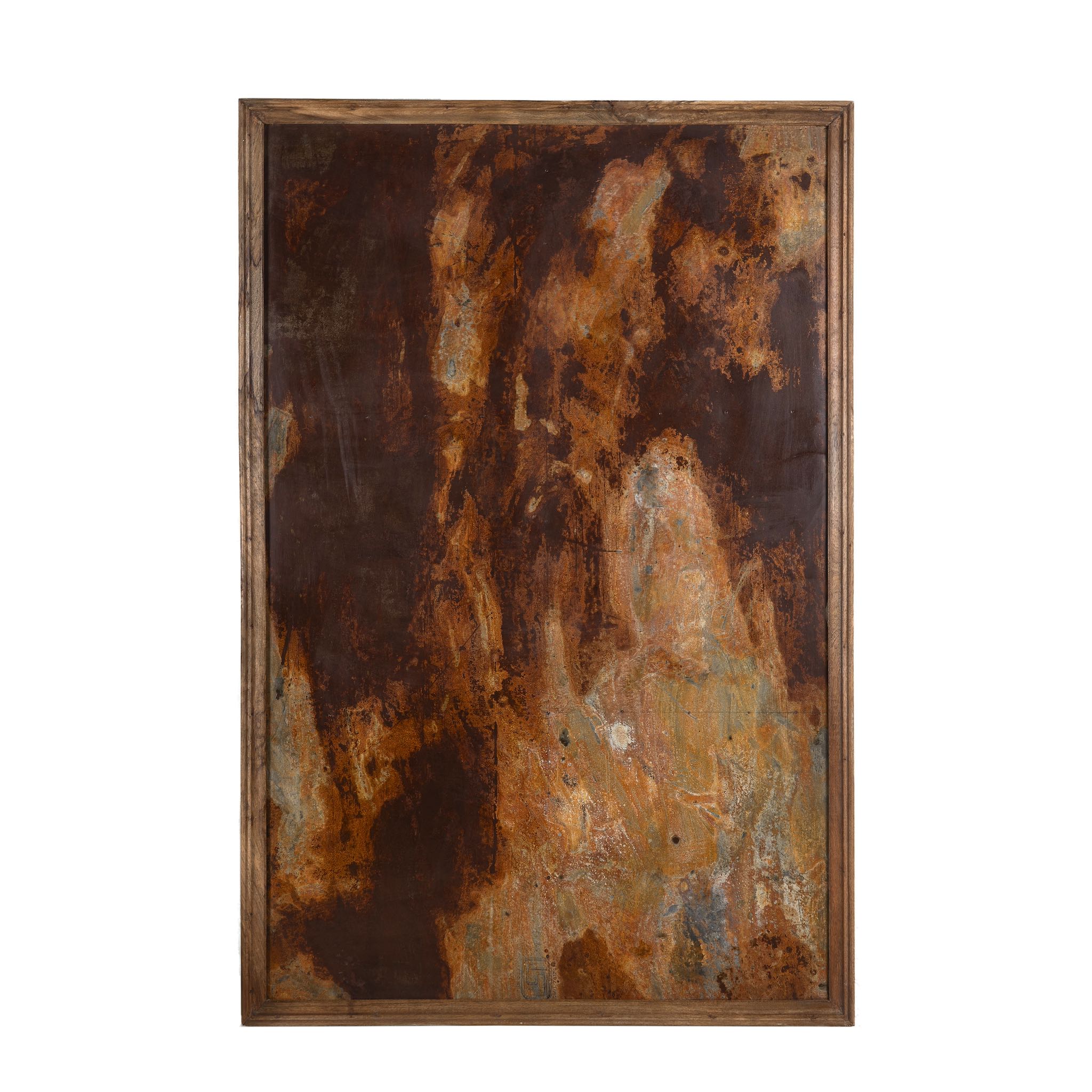 White background picture of a rusted iron and teak wall panel, artisanal furniture piece, part of our Indian home decor collection.