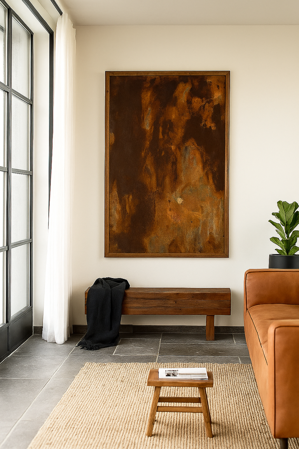 Lifestyle image of a unique iron wall decoration featuring a naturally rusted iron panel with abstract patterns, framed in solid teak wood – ideal for modern and industrial interior decor.