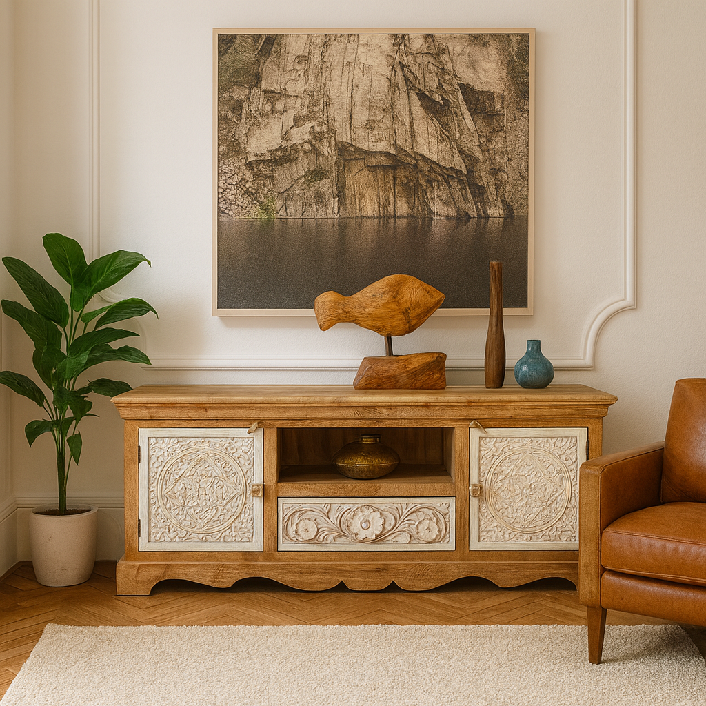Lifestyle image of a handcrafted wooden carved sideboard made from mango wood with Indian carvings and drawers; ideal living room furniture, 150 × 60 × 40 cm.