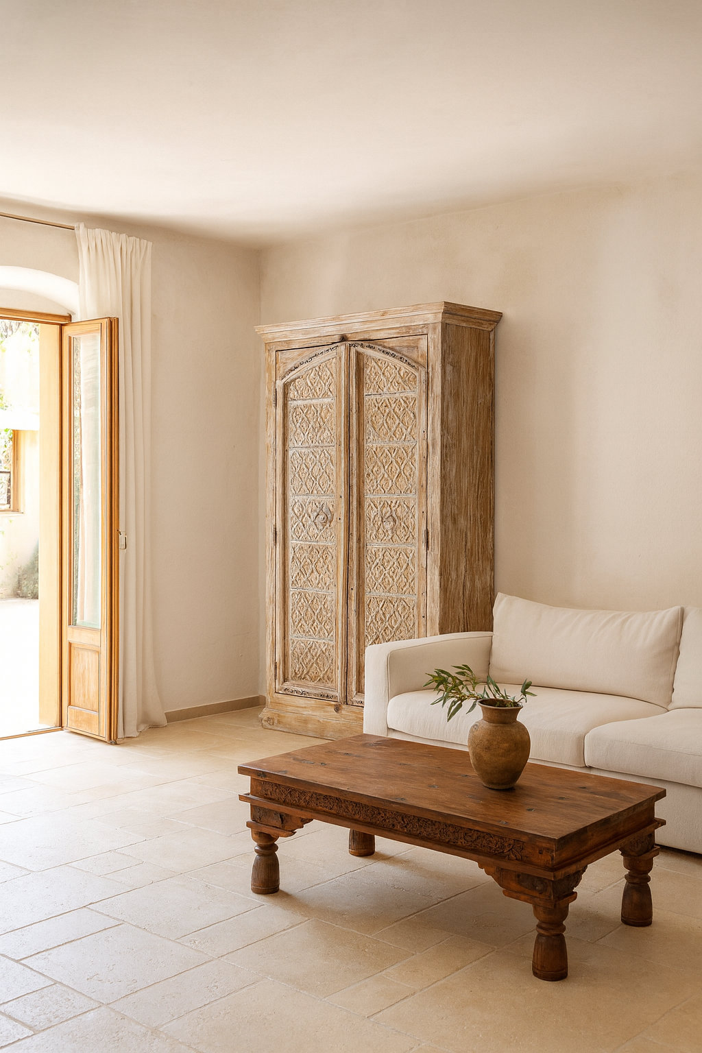 Hand carved mango wood wardrobe Ruchi in a mediterrane living room with a reclaimed teak coffee table.