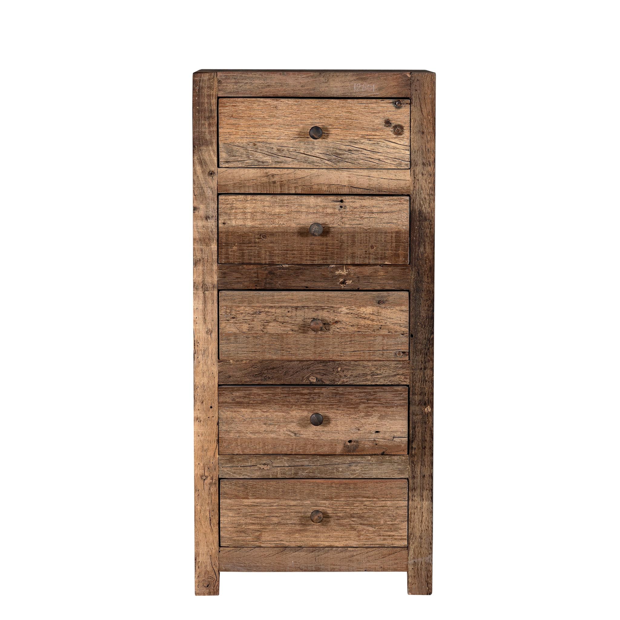 White background image of a tall bathroom cabinet made from reclaimed wood with six drawers and rustic finish, 50 × 35 × 110 cm.