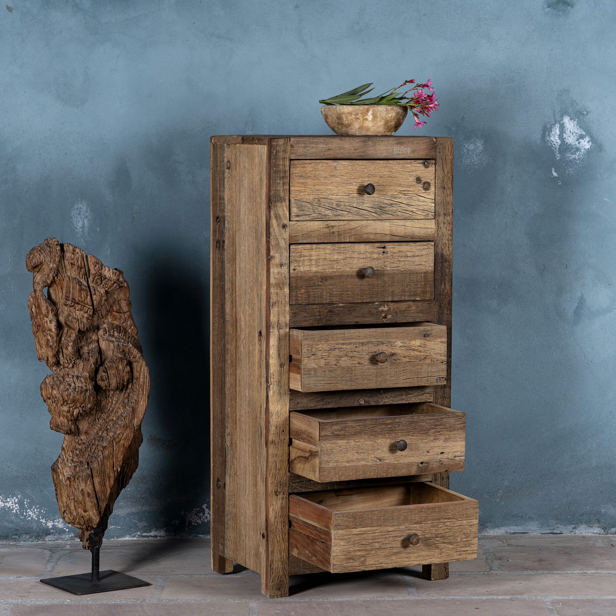 Side view image with open drawers of a tall bathroom cabinet made from reclaimed wood with six drawers and rustic finish, 50 × 35 × 110 cm.