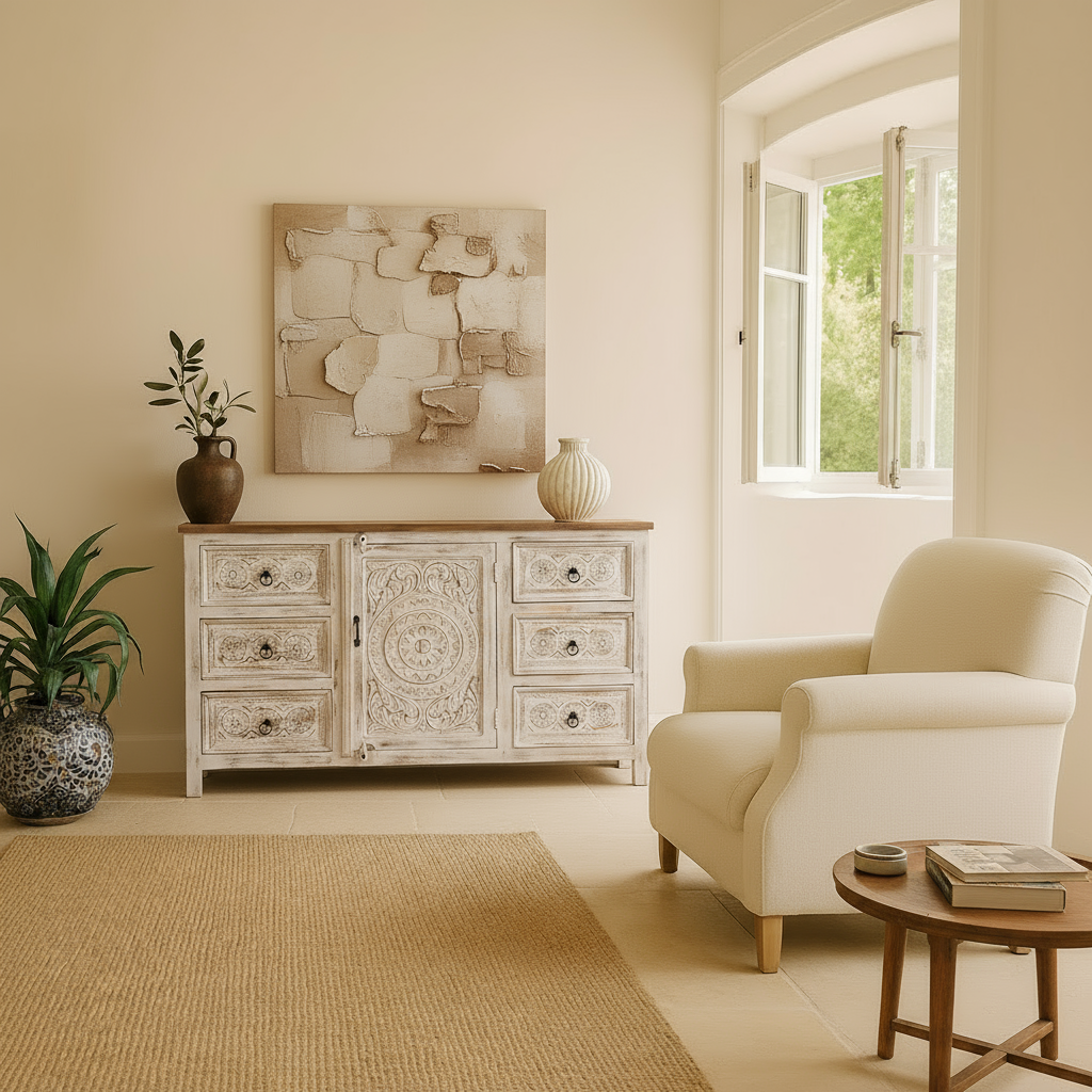 Handcrafted mango wood sideboard with carved floral motifs, whitewashed base and natural top; perfect for vintage home decor and living room furniture, 150 × 40 × 90 cm.