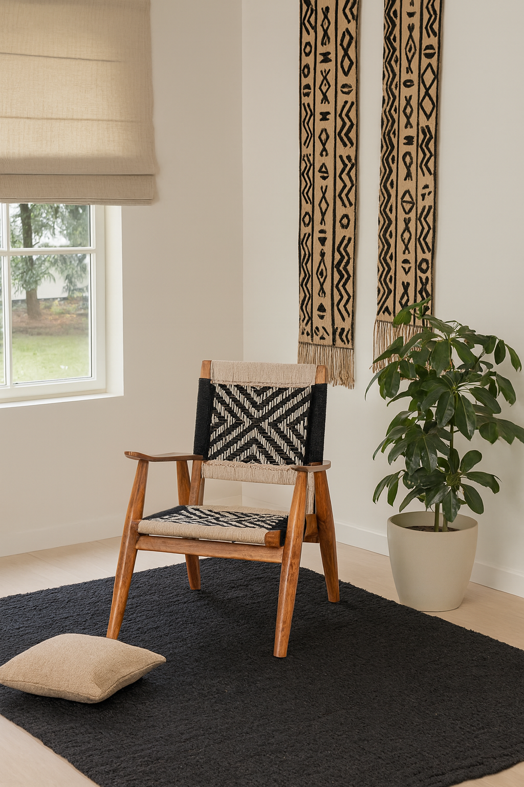 Lifestyle imagination of a acacia wood chair with black-and-white handwoven cotton rope seat and backrest; artisanal wooden armchair, 61 × 47 × 83 cm.
