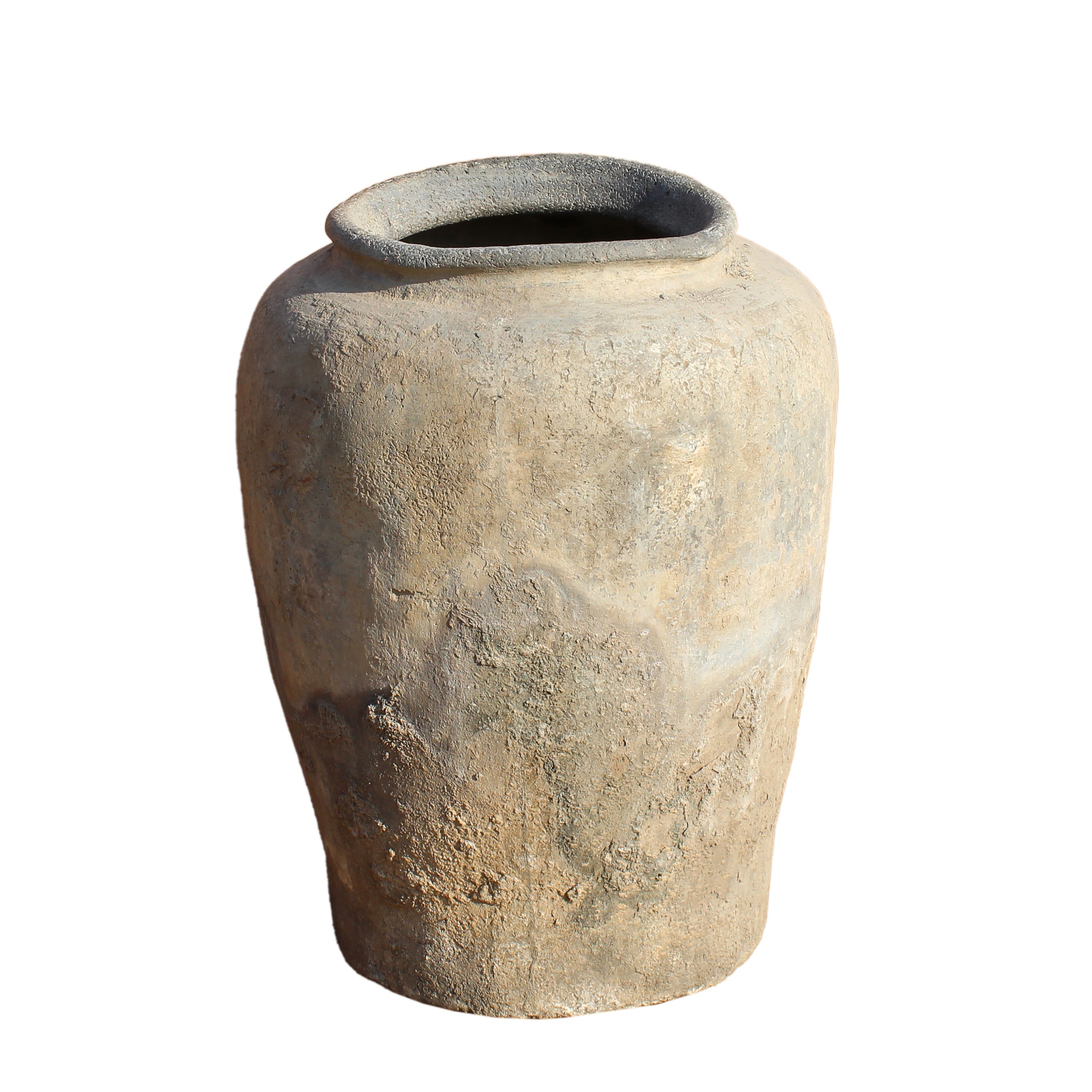 White background image of a antique Indian clay vase with aged finish – a Bali style clay vase ideal for Indian home decoration and boho-inspired interiors.