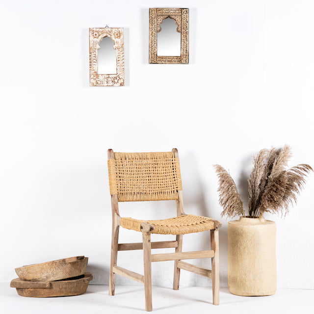 Handcrafted Ibiza style wooden chair made from recycled teak with upholstered seat and natural weed canopy, 45 × 50 × 47 cm, backrest height 85 cm.