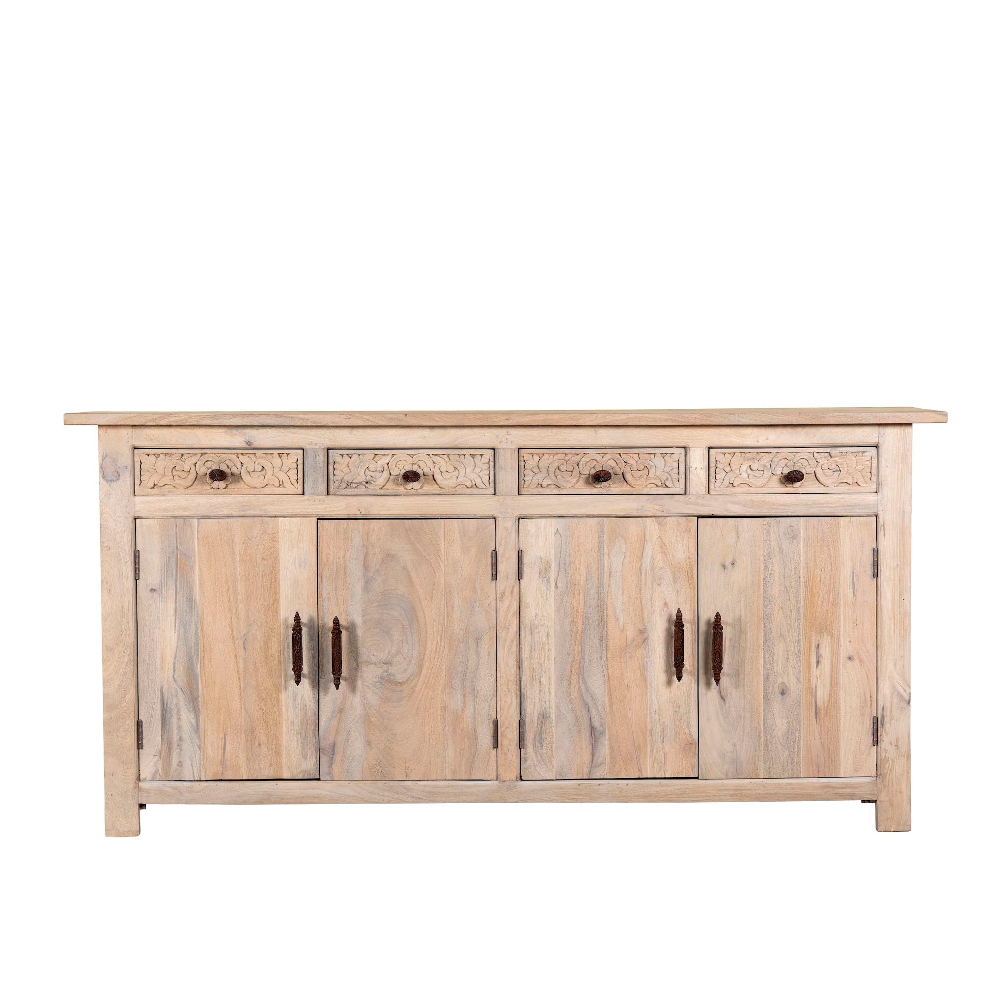 White background image of a hand-carved mango wood sideboard with sandblasted finish – a rustic mango wood furniture piece ideal for Ibiza style interiors.