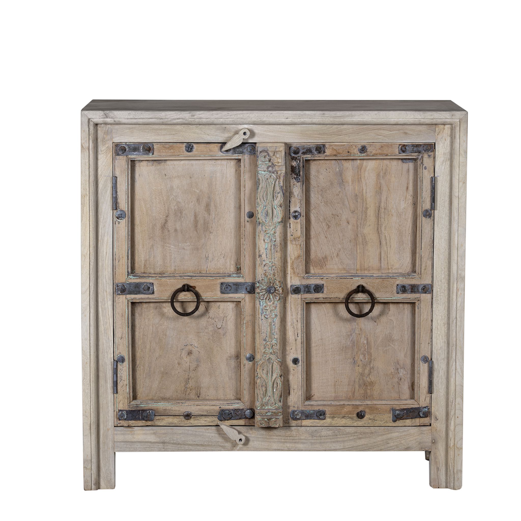 White background picture of a unique old Door cupboard finely hand carved in bleached teak wood, driftwood design with iron fittings.