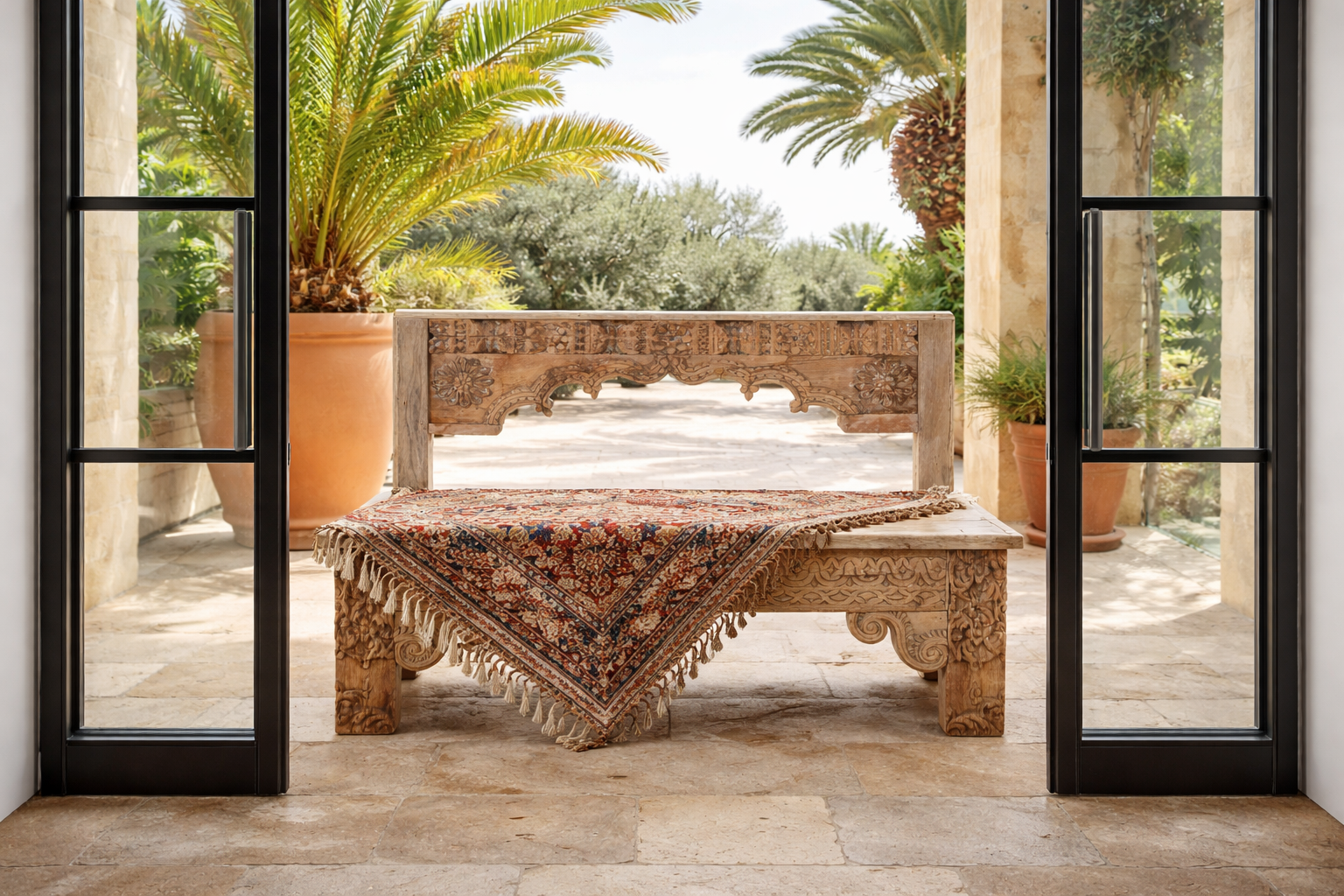 Lifestyle imagination of a Shraddha bench made from bleached reclaimed teak wood with intricate hand-carved floral details, showcasing traditional Indian craftsmanship and sustainable furniture design.