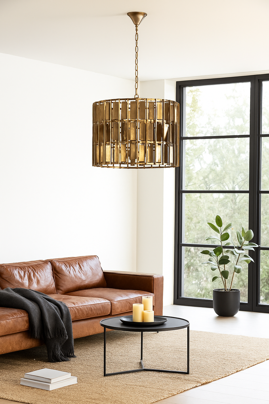 Lifestyle image of a large round brass-plated iron pendant lamp with ornate tile surface – vintage lighting and iron pendant light ideal for dining rooms or living spaces.