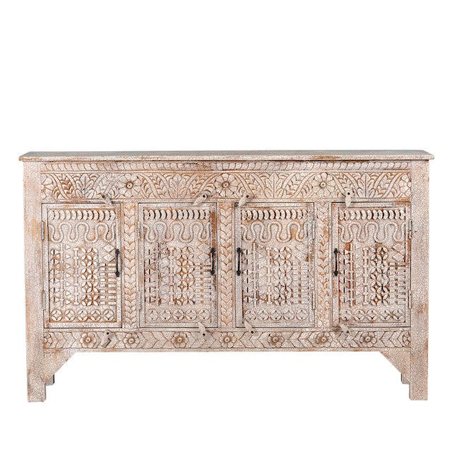 White background image of a hand-carved mango wood sideboard with a three-layer vintage finish, featuring two doors and three drawers—perfect for rustic or bohemian interiors.