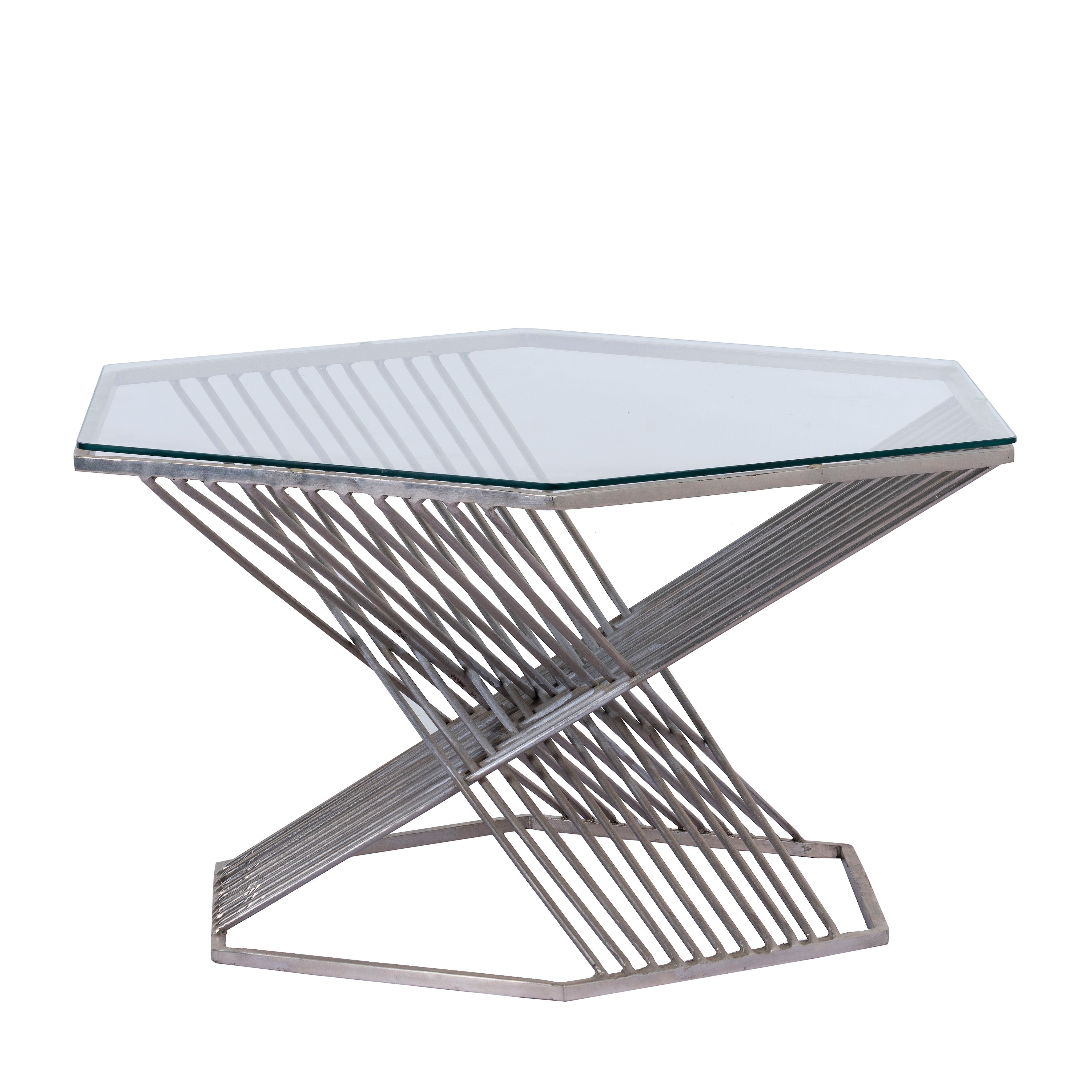 White background image of a hexagonal wire metal base coffee table with glass top; modern coffee table industrial style, 92 × 80 × 46 cm.