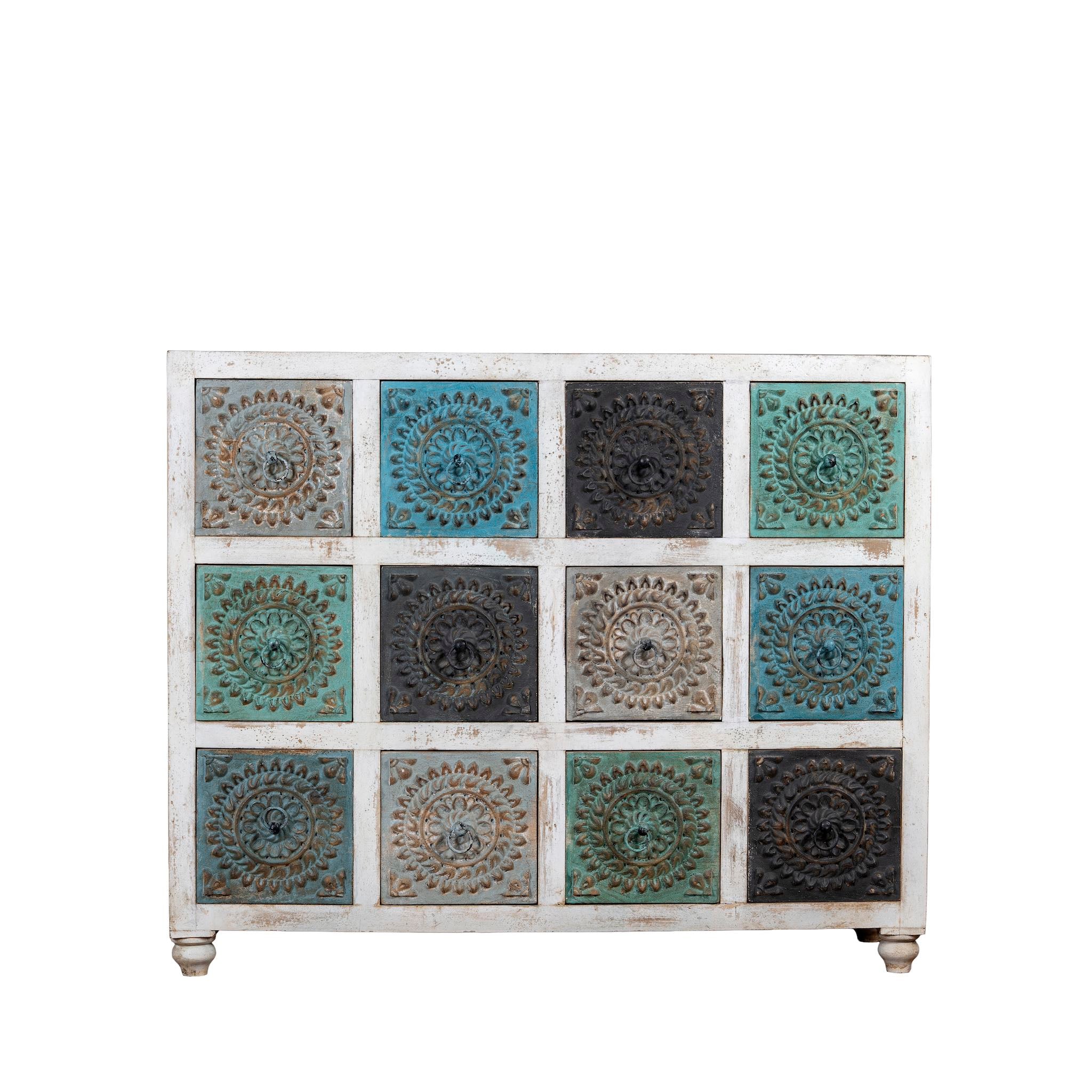 Decorative cabinet with patterned panels on a white background