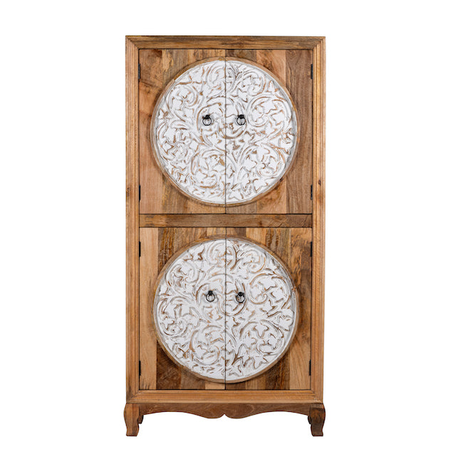 White background image of a mango wood wardrobe with hand-carved floral front, vintage carved wood furniture with curved legs, 180 × 90 × 40 cm.