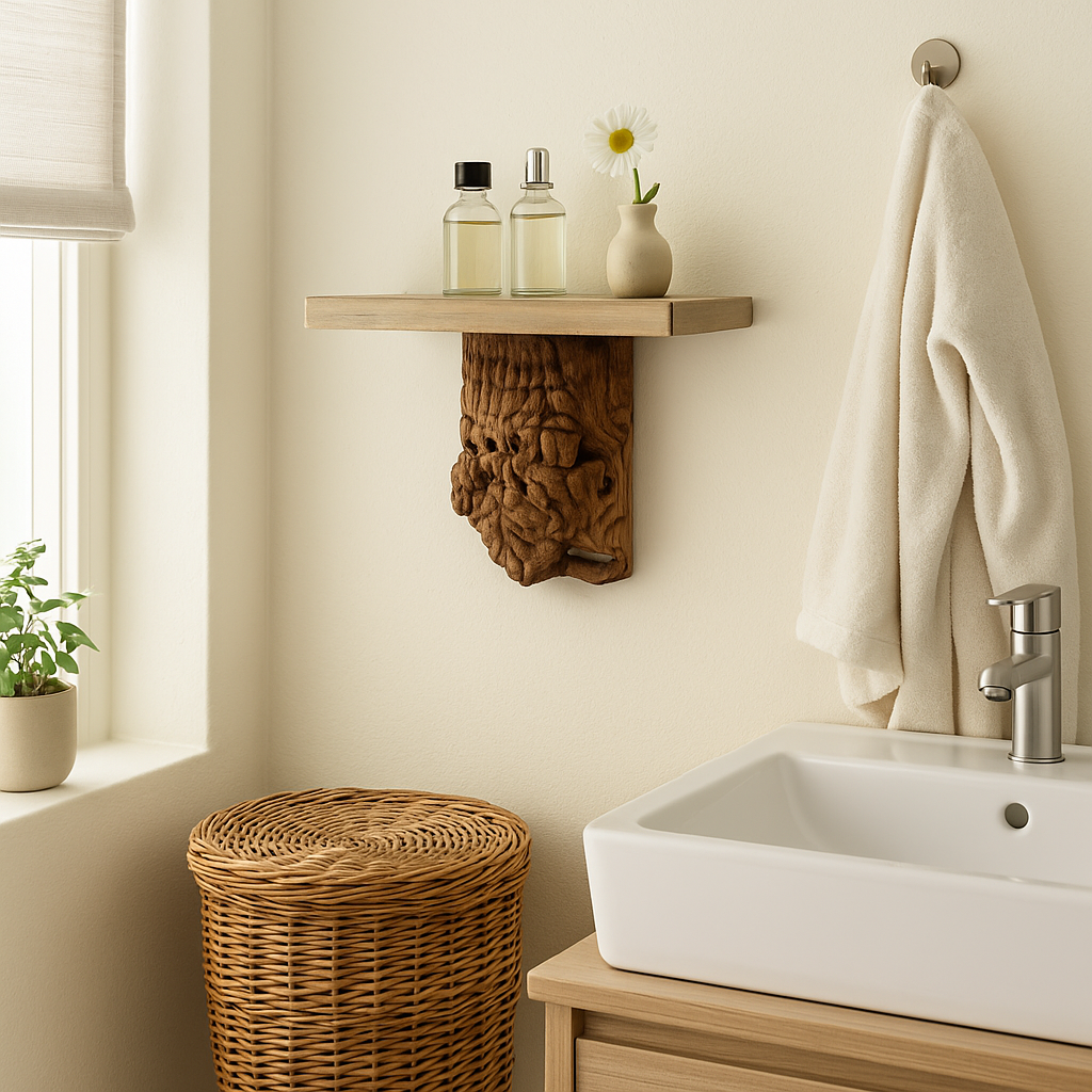 Lifestyle imagination of a teak wood wall shelf with heavily hand-carved bracket, made from old Indian house part; rustic teak wood shelving and unique wooden furniture, 40 × 20 × 15 cm.