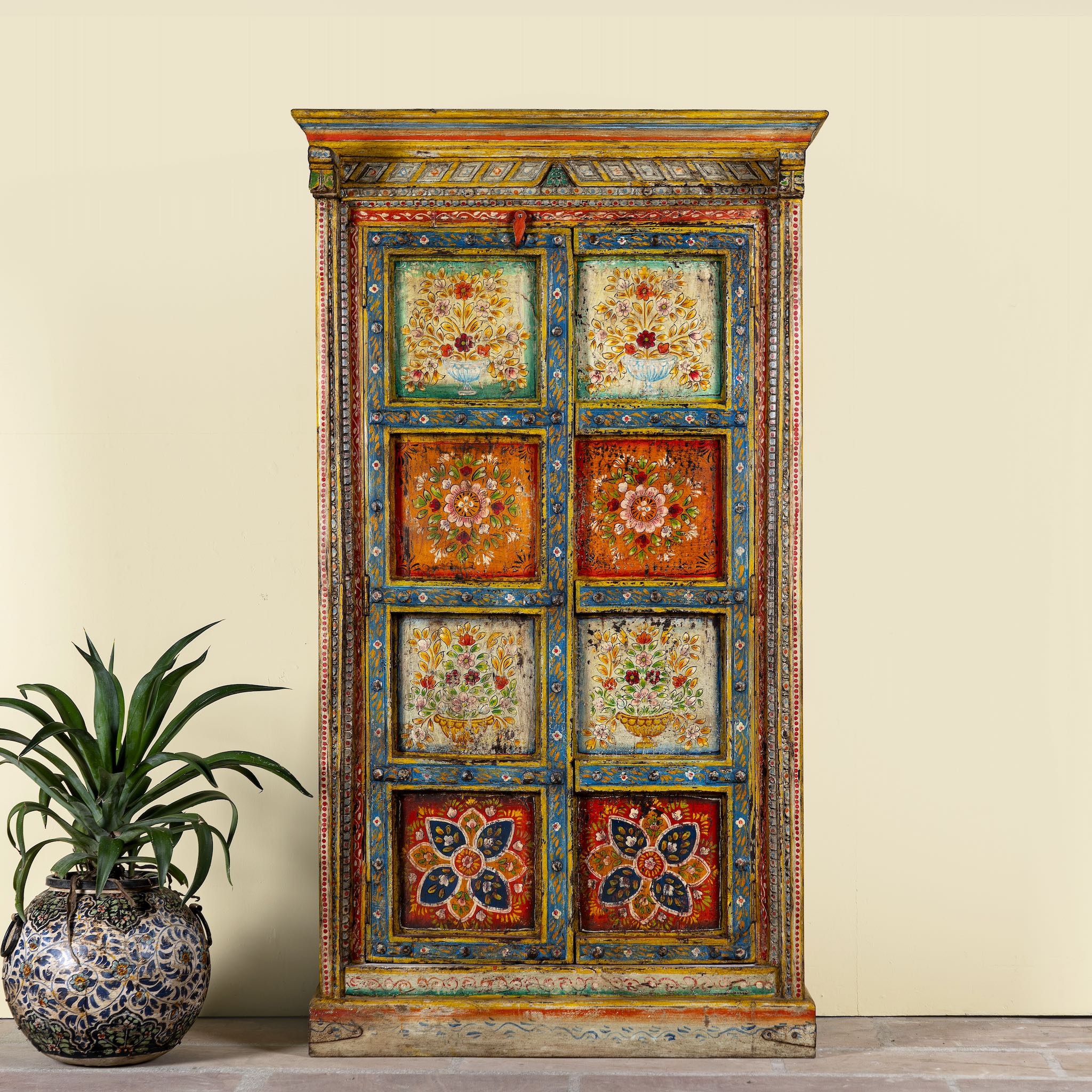 Hand-painted teak wood cabinet with floral motifs; teak wood furniture for bohemian interiors, 105 × 55 × 177 cm.