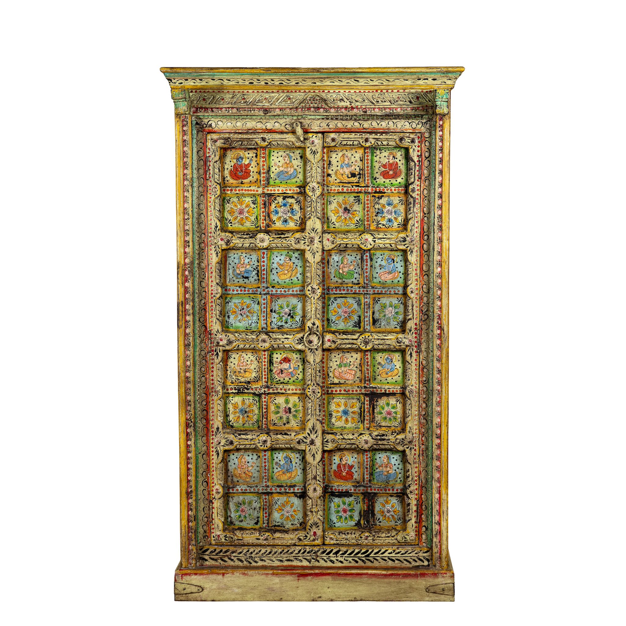 White background image of a hand painted wardrobe made of teak wood with floral motifs; unique furniture inspired by Indian artistry, 104 × 50 × 186 cm.