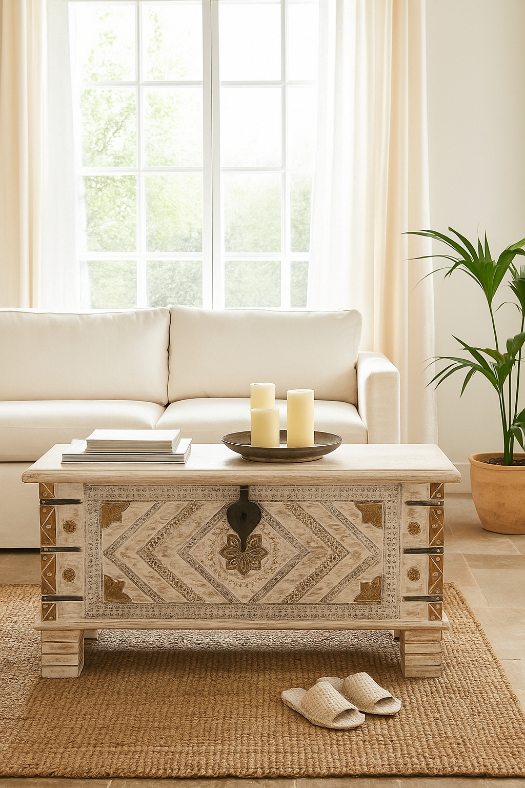 Lifestyle image of a handcrafted mango wood chest with brass inlays and carvings – wood chest box for boho style interiors, perfect as coffee table or bedroom storage.