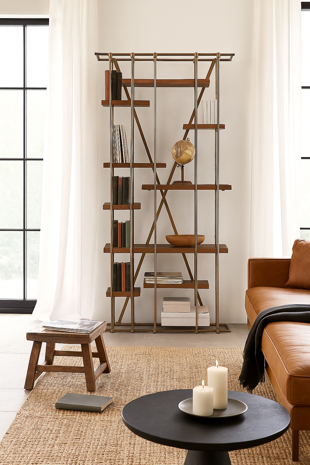 Lifestyle image of a brass-plated iron shelving unit with removable mango wood trays – minimalistic furniture and modular mango wood shelving for contemporary interiors.