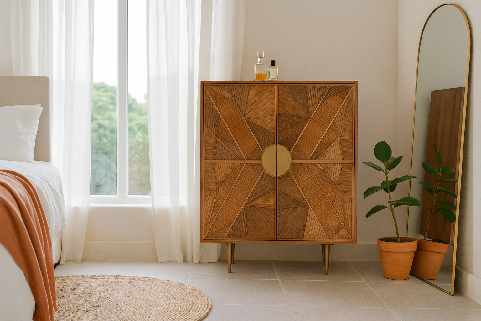 Lifestyle imagination of a natural mango wood cupboard with carved linear design and antique brass legs, 91 × 40 × 109 cm.