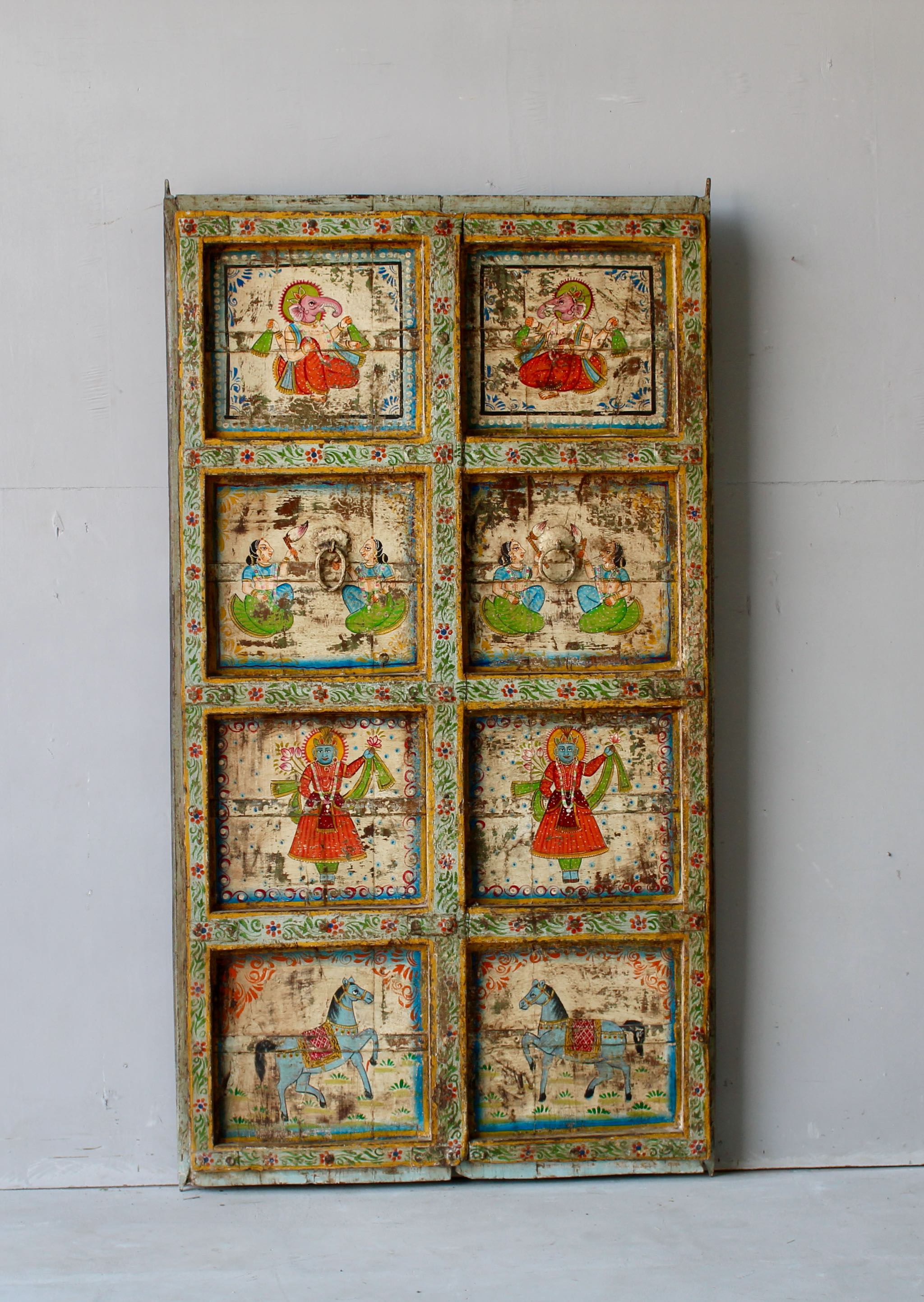 Antique Indian teak wood door with eight hand-painted folklore panels, vintage wall panels for heritage and vintage home decor.