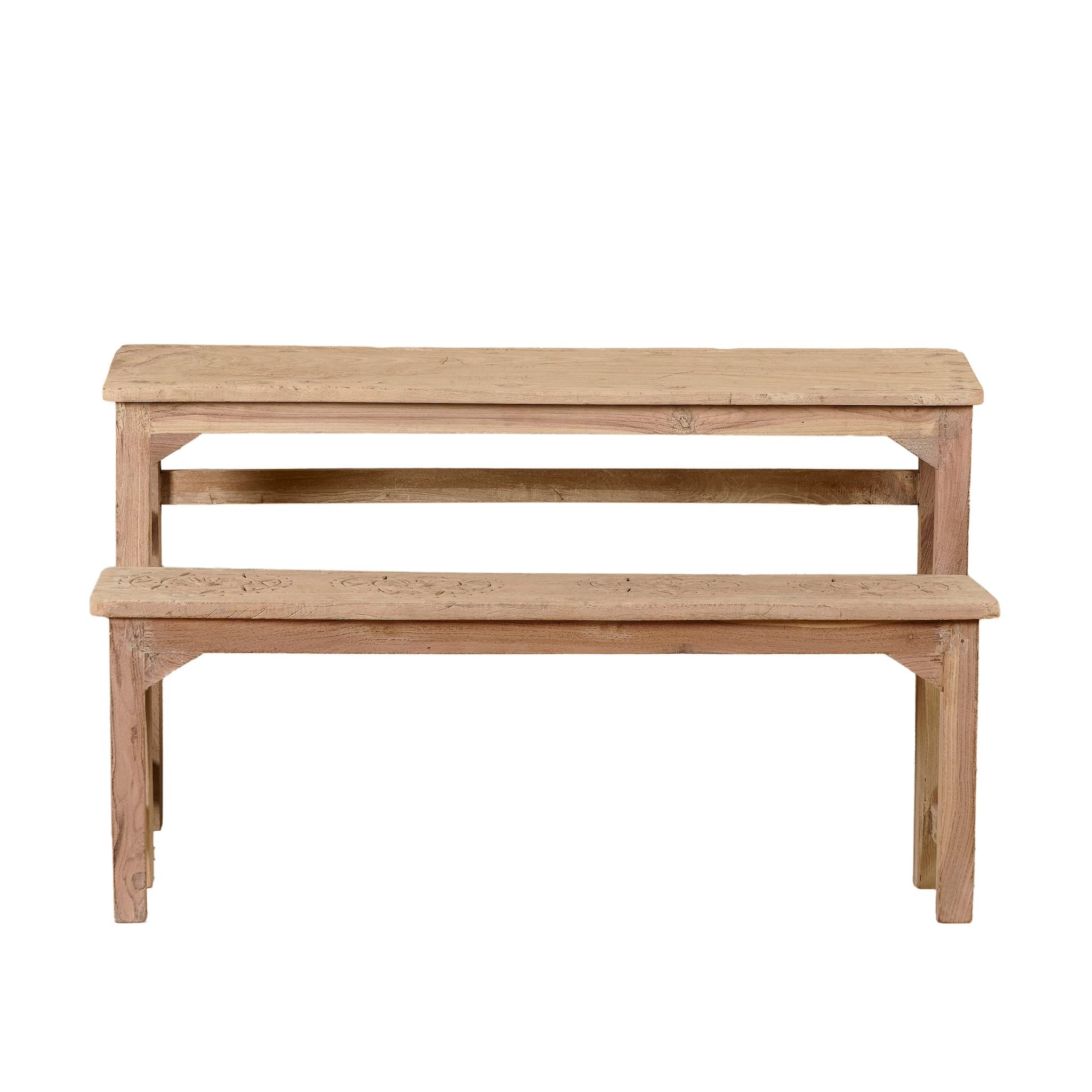 White background image of a teak wood bench set made from refurbished wood with hand-carved detailing and rustic finish, 120 × 30 × 65 cm.