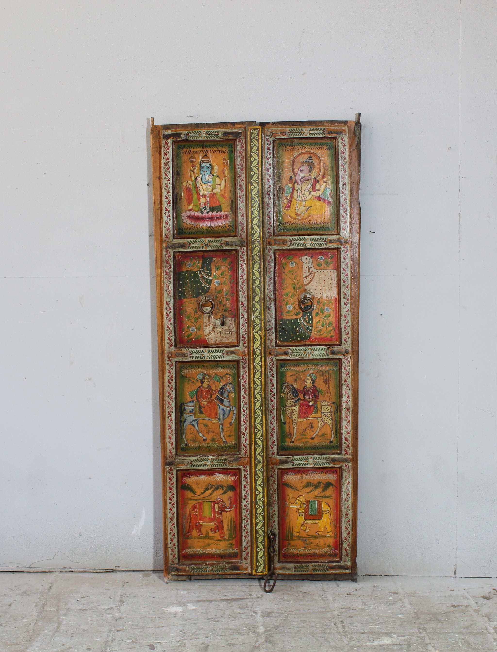 Hand-painted Indian antique teak door with Hindu gods, elephants, and folk art, reclaimed wood vintage wall panels for vintage home decor.