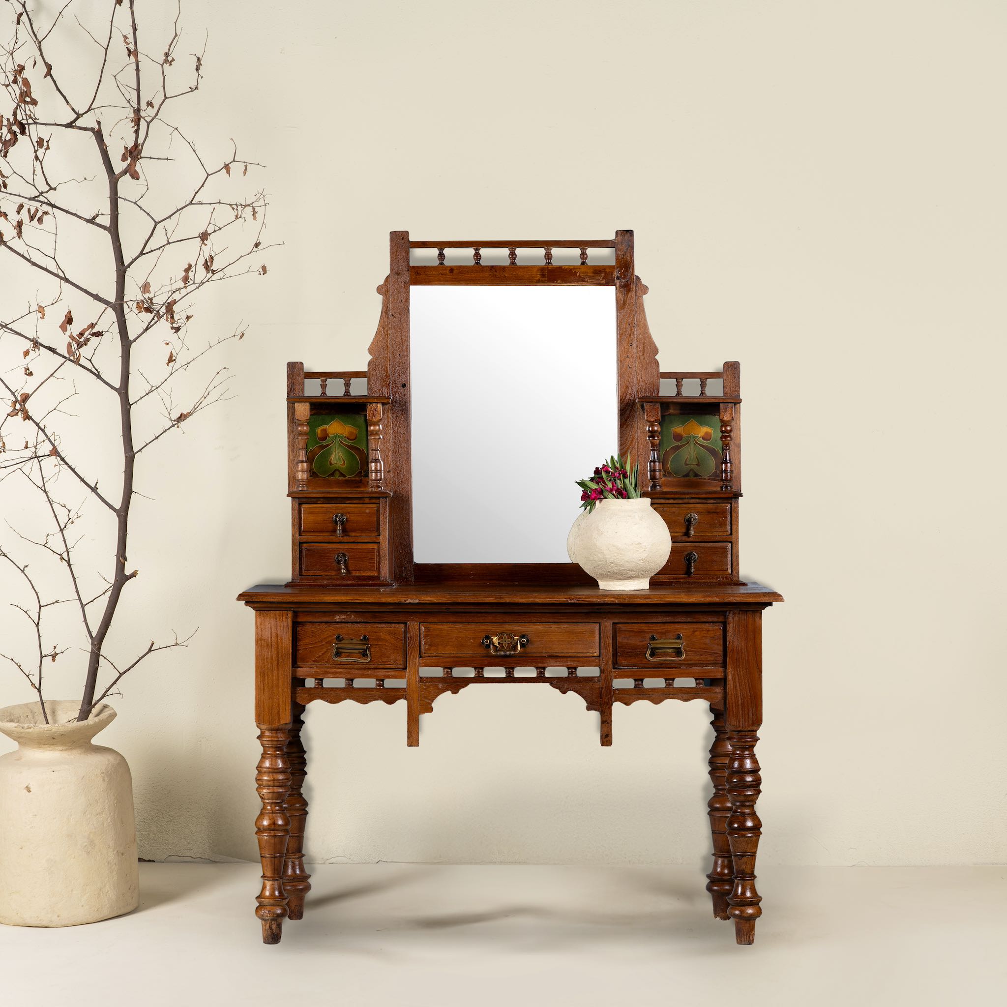 Antique console table with mirror, restored teak wood, featuring hand-carved detailing; dressing table with mirror, 110 × 48 × 146 cm.