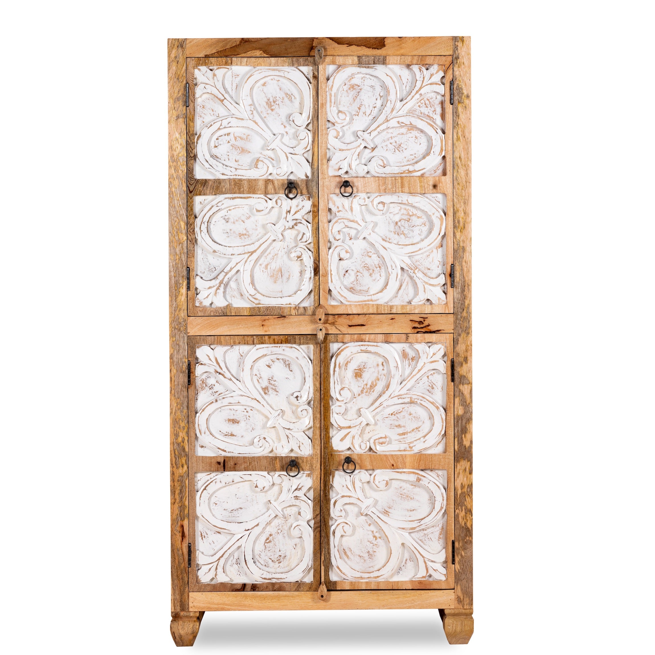 White background image of hand-carved mango wood wardrobe with floral motifs and whitewashed finish; wooden wardrobe ideal for bedroom furniture, 90 × 180 × 40 cm.