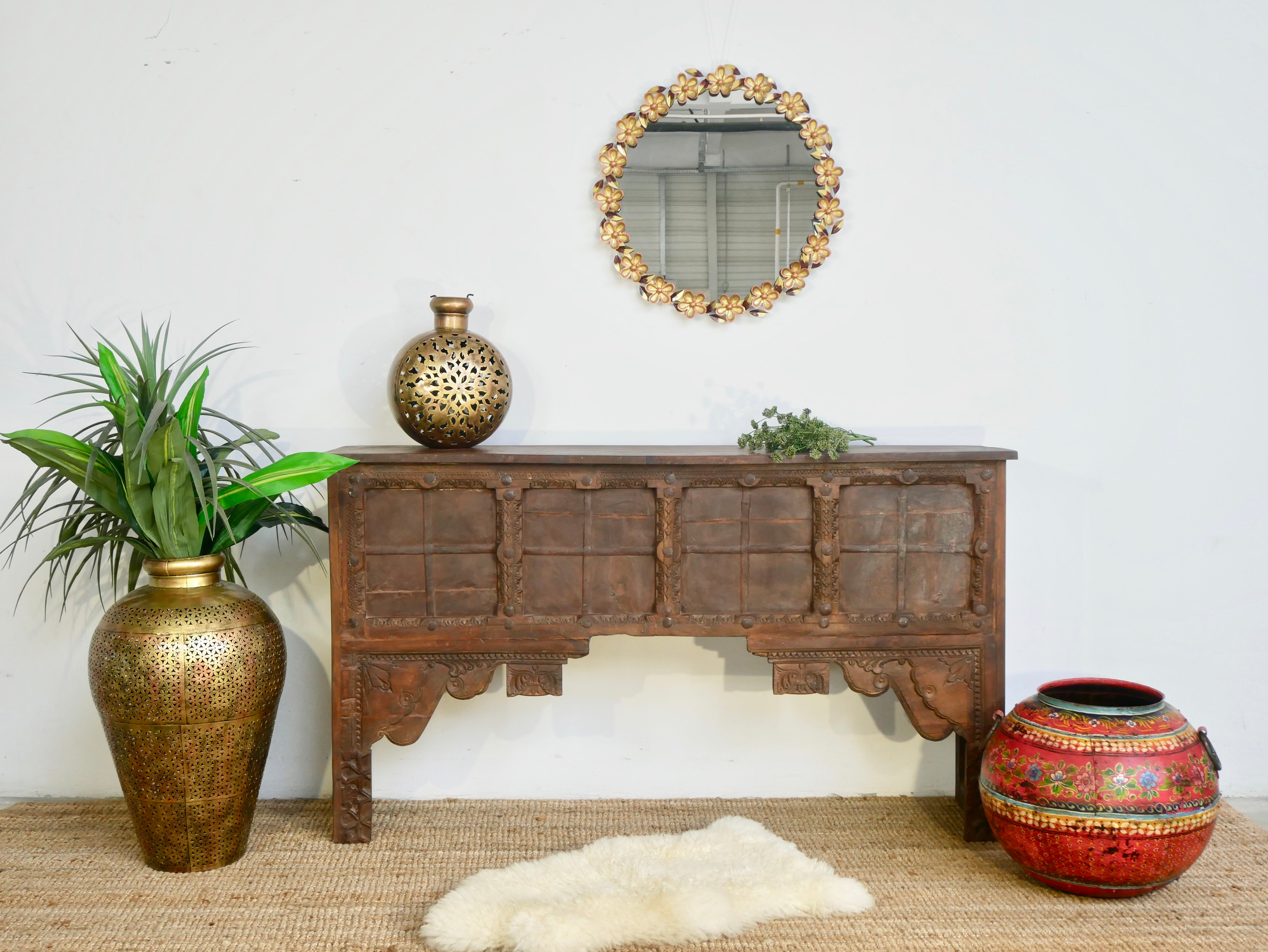 Teak wood console table made from reclaimed Indian door parts; handcrafted old door furniture, 183 × 90 × 43 cm.