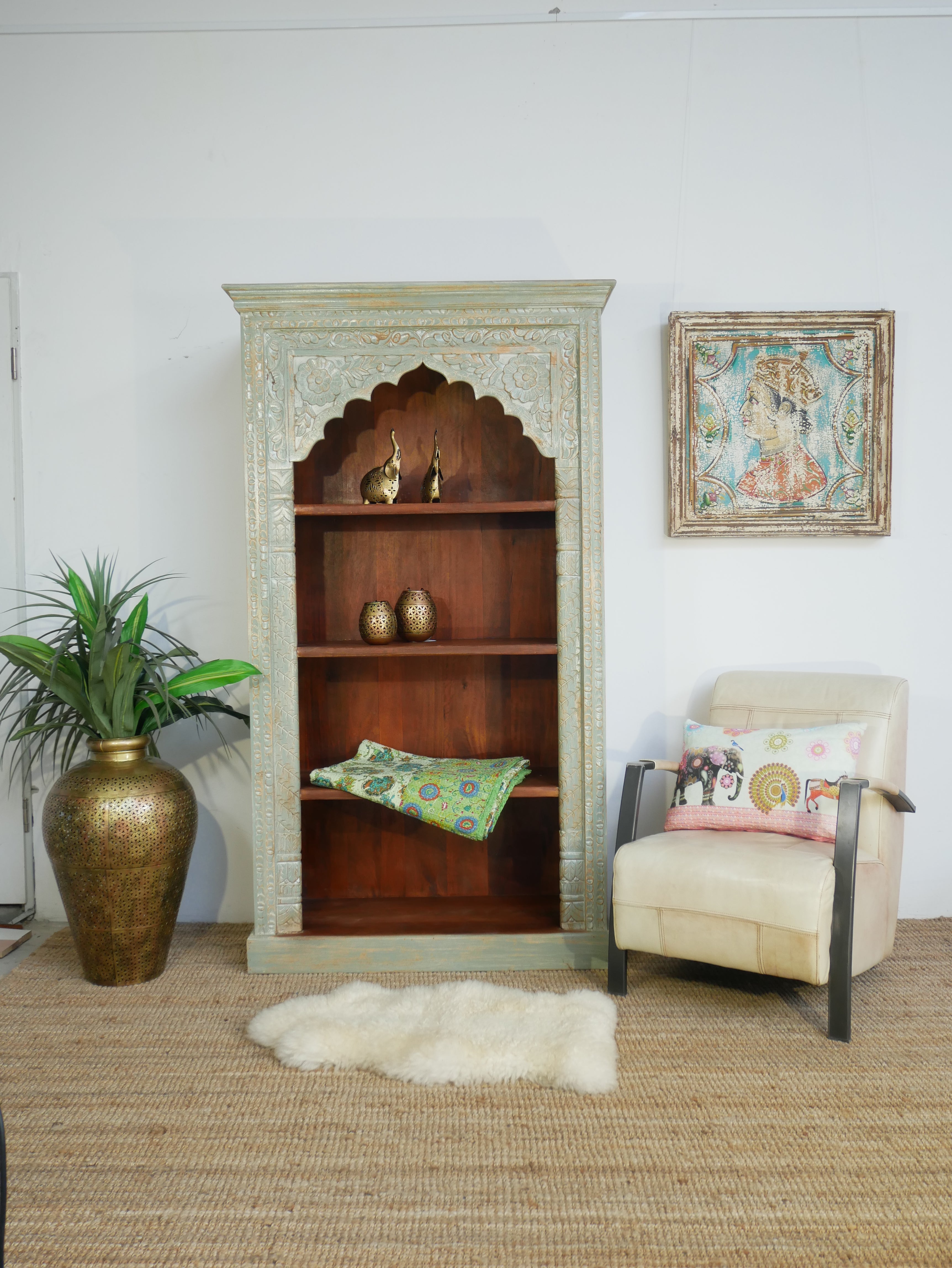 Hand-carved mango wood bookcase with Mediterranean design and open shelving – mango wood shelving and hand carved wooden furniture with natural finish.