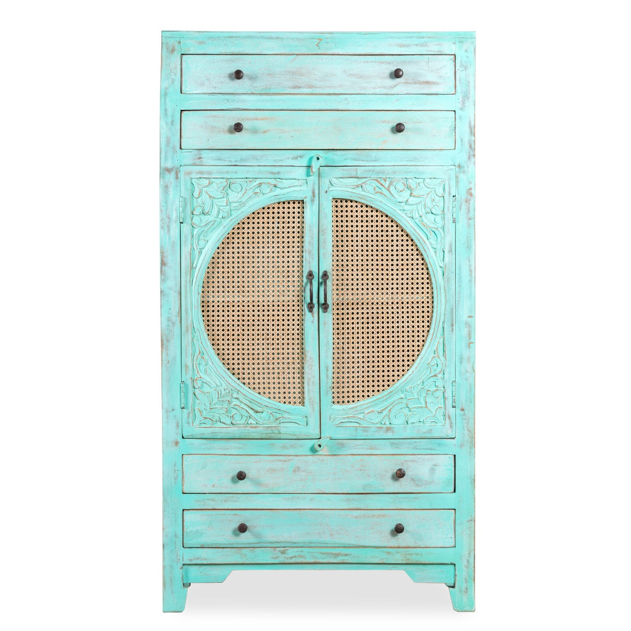 White background image of a vintage furniture cabinet in turquoise-washed mango wood with rattan door panels and hand-carved engravings, 80 × 148 × 40 cm.